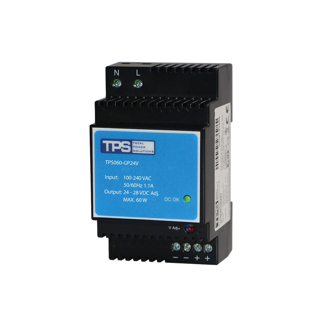 TPS060-GP24V 60 W DIN rail power supply used as an industrial automation power supply inside a control cabinet.