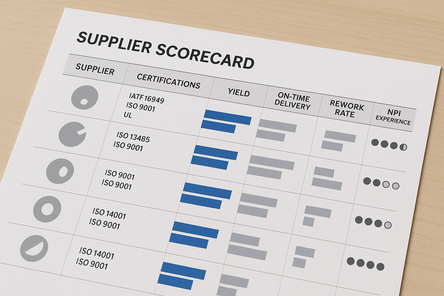Comparison scorecard for PCB assembly companies across quality and delivery KPIs.