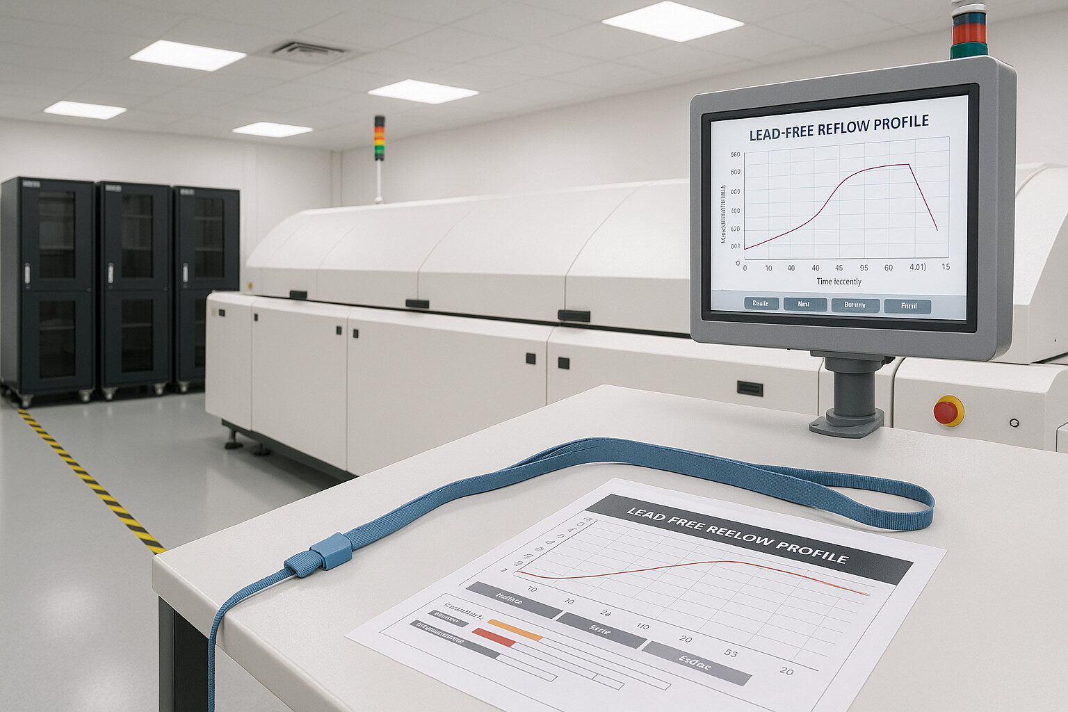 Industrial PCB manufacturing process with ESD control, MSD handling, and lead-free reflow profiles.