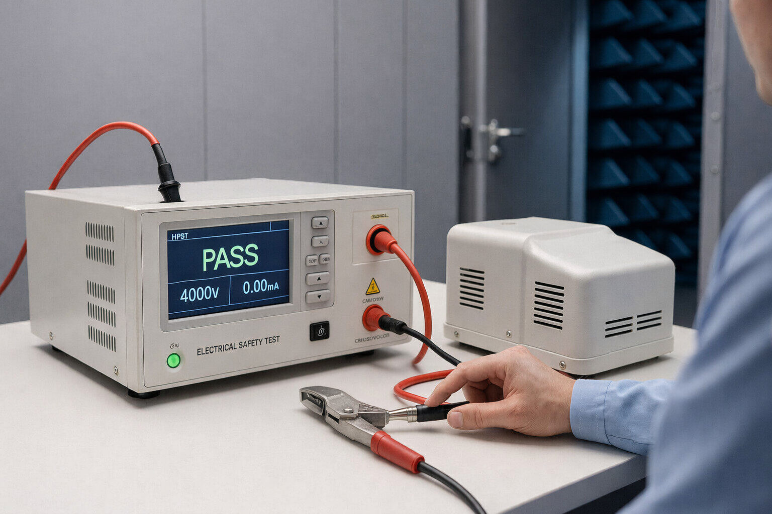 EMC laboratory using an electrical safety tester (hipot and ground bond) to verify a product is tested for electrical safety.