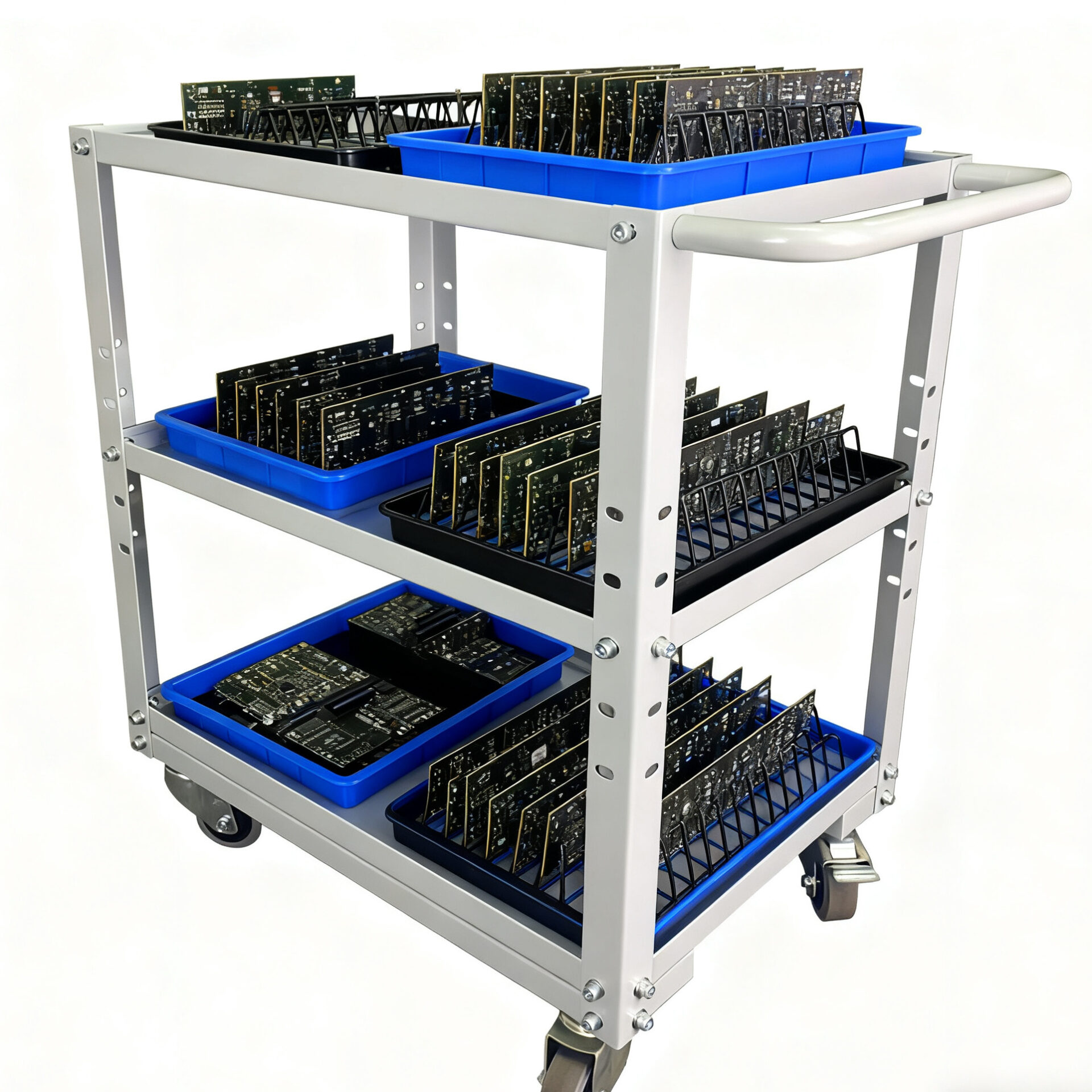 A close-up of ESD trays and a PCB rack on a trolley shelf.