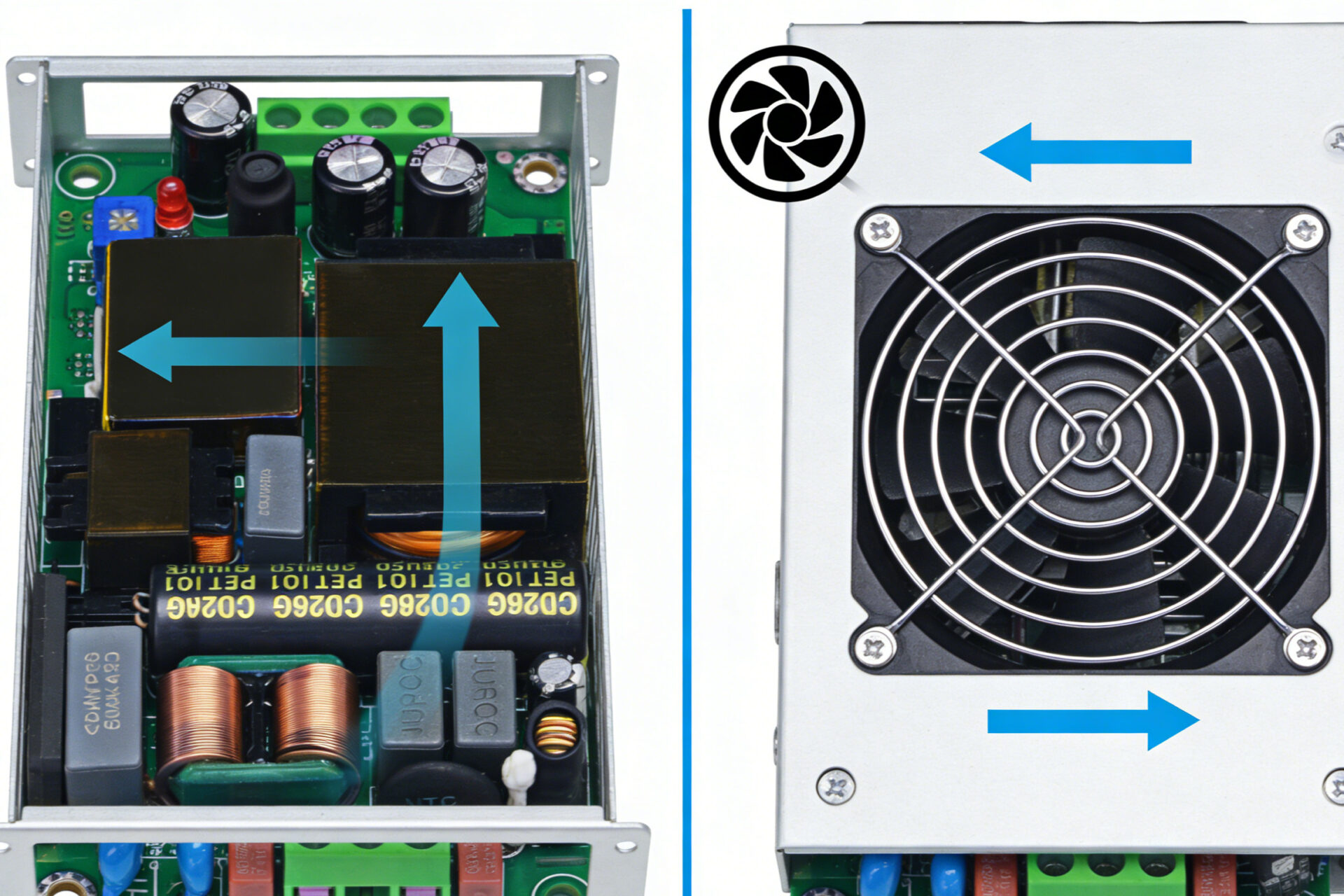 Diagram contrasting natural convection cooling in open frame designs with active fan cooling in enclosed power supplies.
