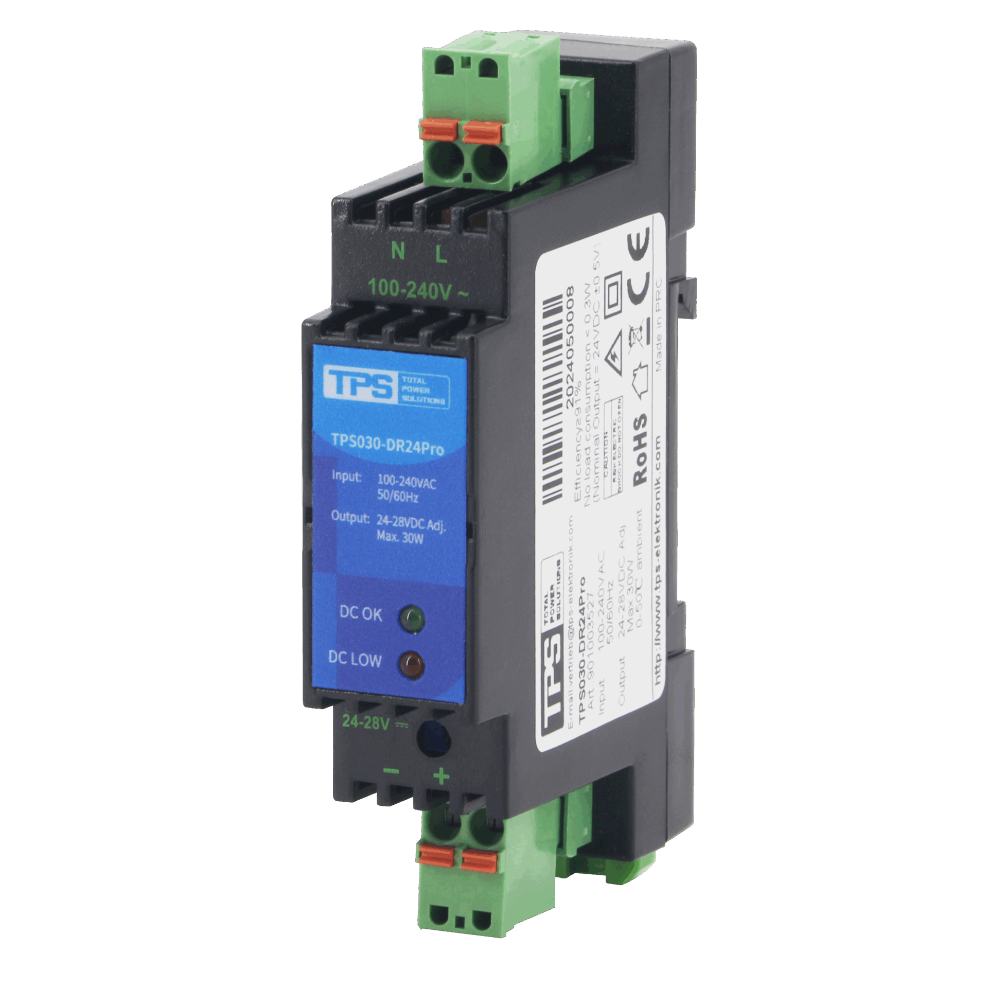 TPS030-DR24Pro 30W din rail power supply showing slim housing and pluggable terminals for compact automation panels.