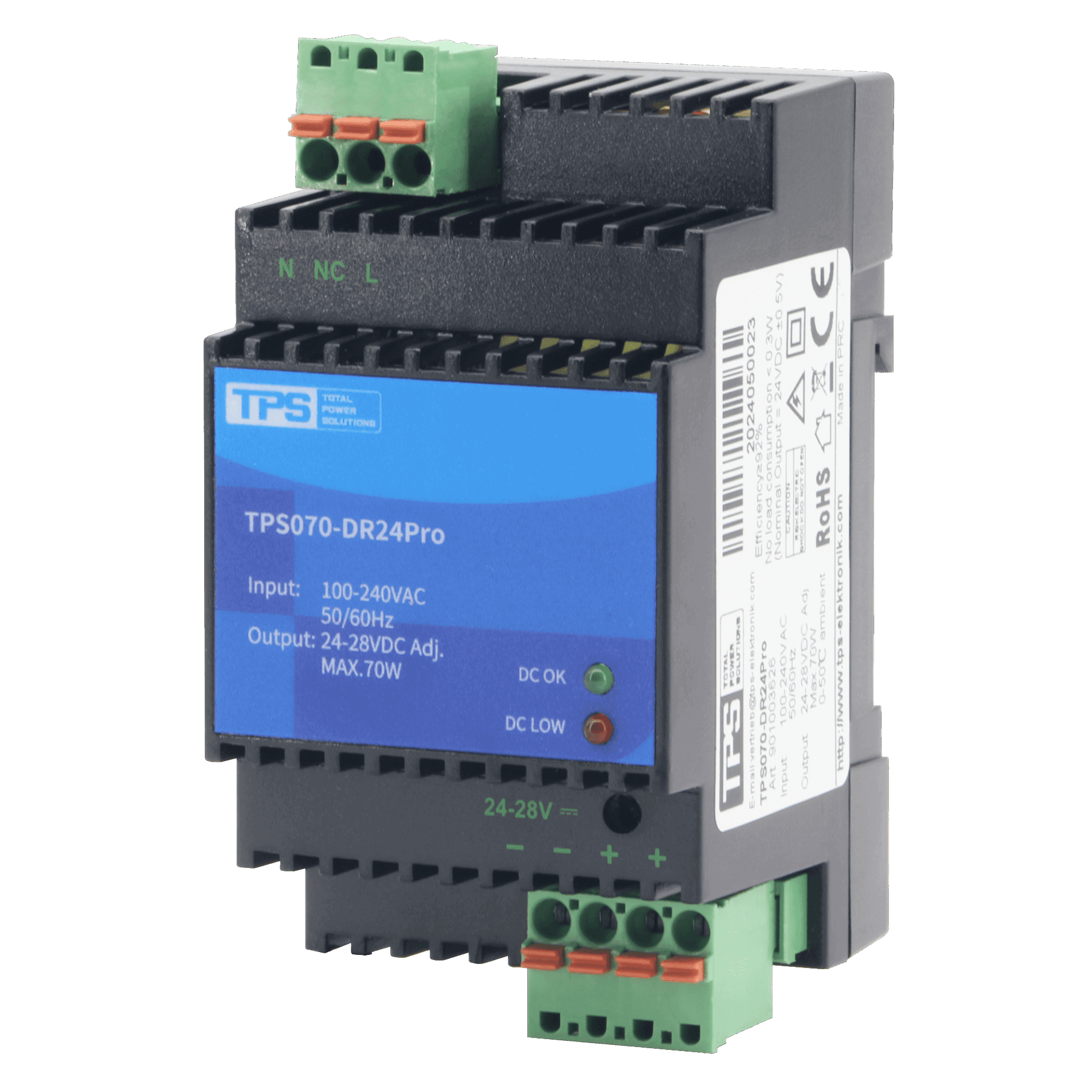 TPS070-DR24Pro 70W din rail power supply with front LEDs indicating DC OK and DC LOW for industrial automation equipment.