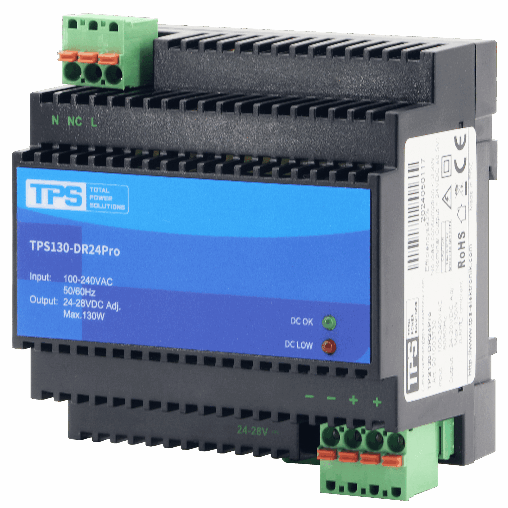TPS130-DR24Pro 130W din rail power supply powering building automation control, LED lighting and medical equipment subsystems.