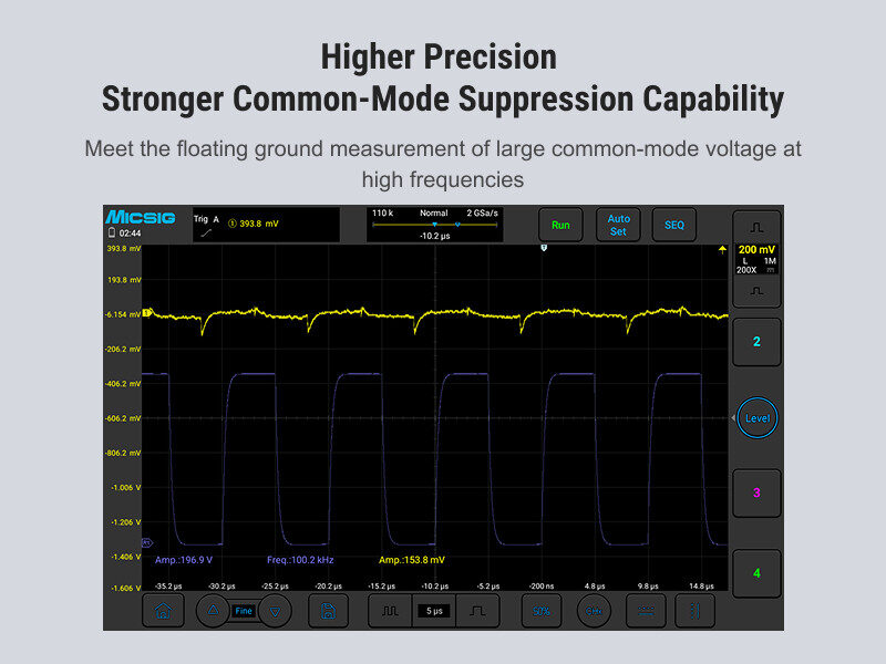 Close-up of the oscilloscope touchscreen interface.
