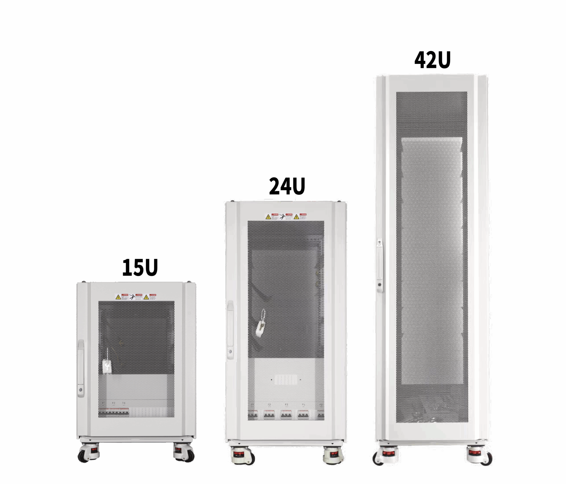Three models of TPS cabinets, each with a single front door that is tightly closed.