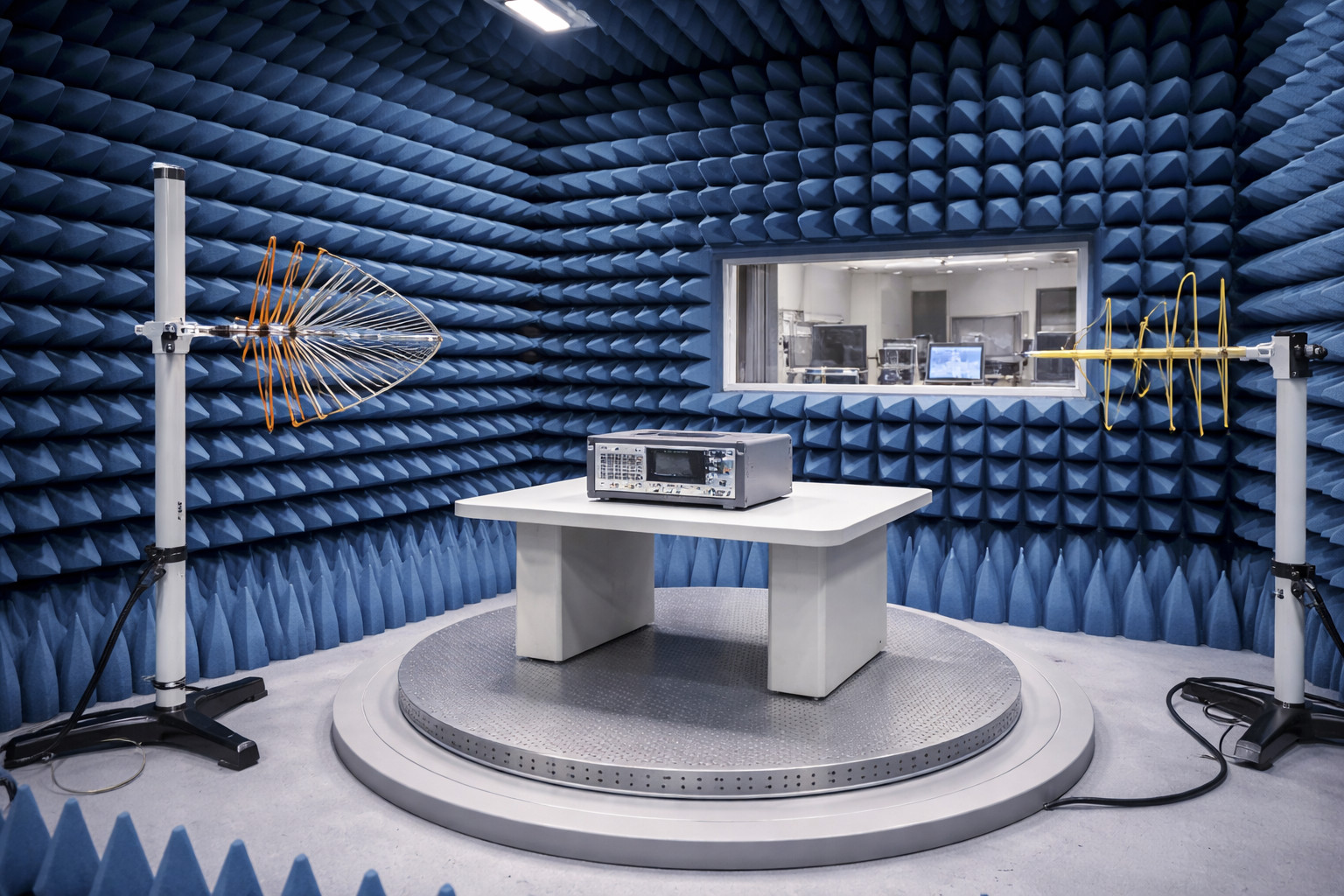 EMV-Labor mit anechoischer Kammer für Emissions- und Störfestigkeitsprüfungen gemäß Europäischer EMV-Richtlinie.