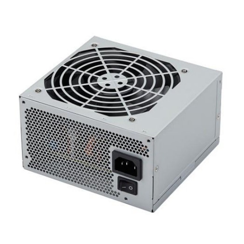 FSP400-50AAC ATX-400-W-Netzteil Produktfoto mit Metallgehäuse, AC-Eingang, Netzschalter und obenliegendem Lüftergitter für den Kühlluftstrom.