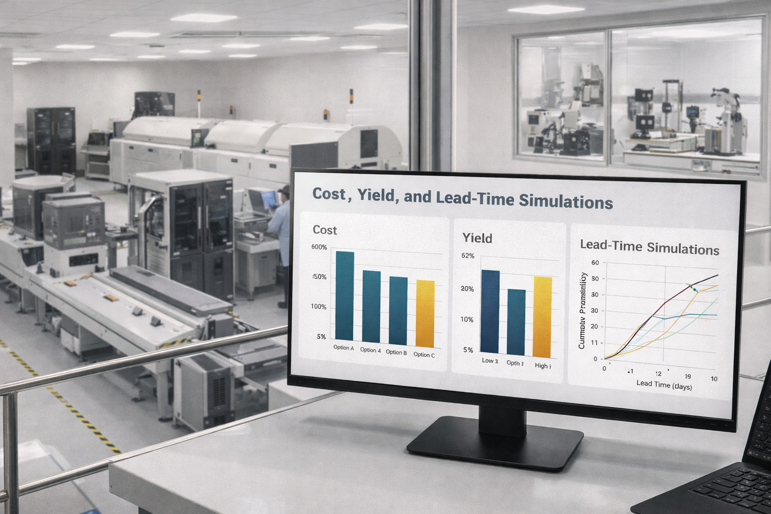 Betriebsübersicht: Kosten- und Ausbeutesimulations-Dashboard neben einem Elements-Labor und einer Fertigungslinie.