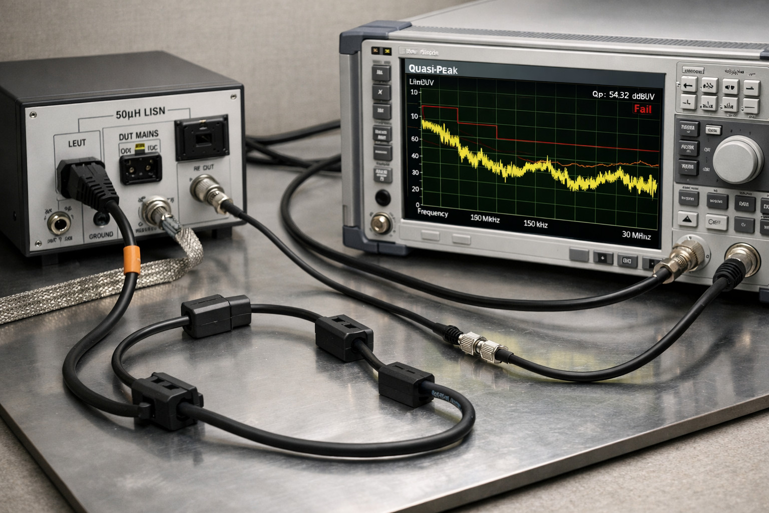 EMV-Prüfaufbau für leitungsgebundene Störaussendungen mit LISN, Messempfänger und kontrollierter Kabelführung.