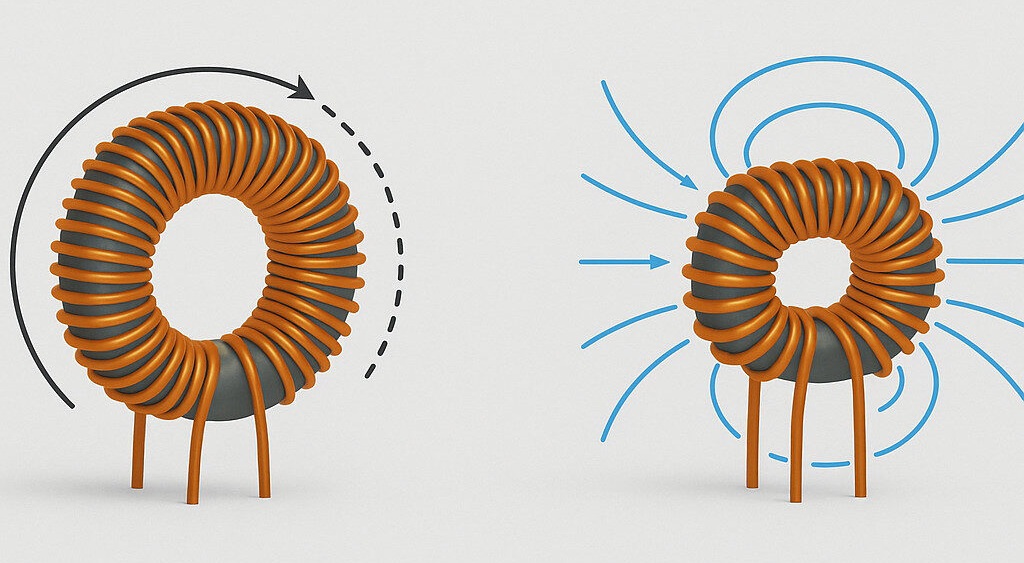 Comparaison entre les bobines toroïdales et les bobines à air mettant en évidence le chemin magnétique, la densité d'inductance et le comportement EMI.