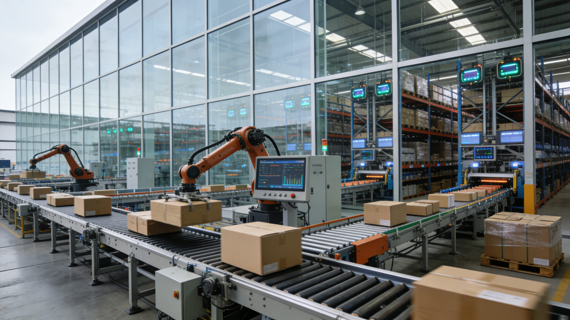 Eine Panoramaansicht des modernen Smart Warehouse.