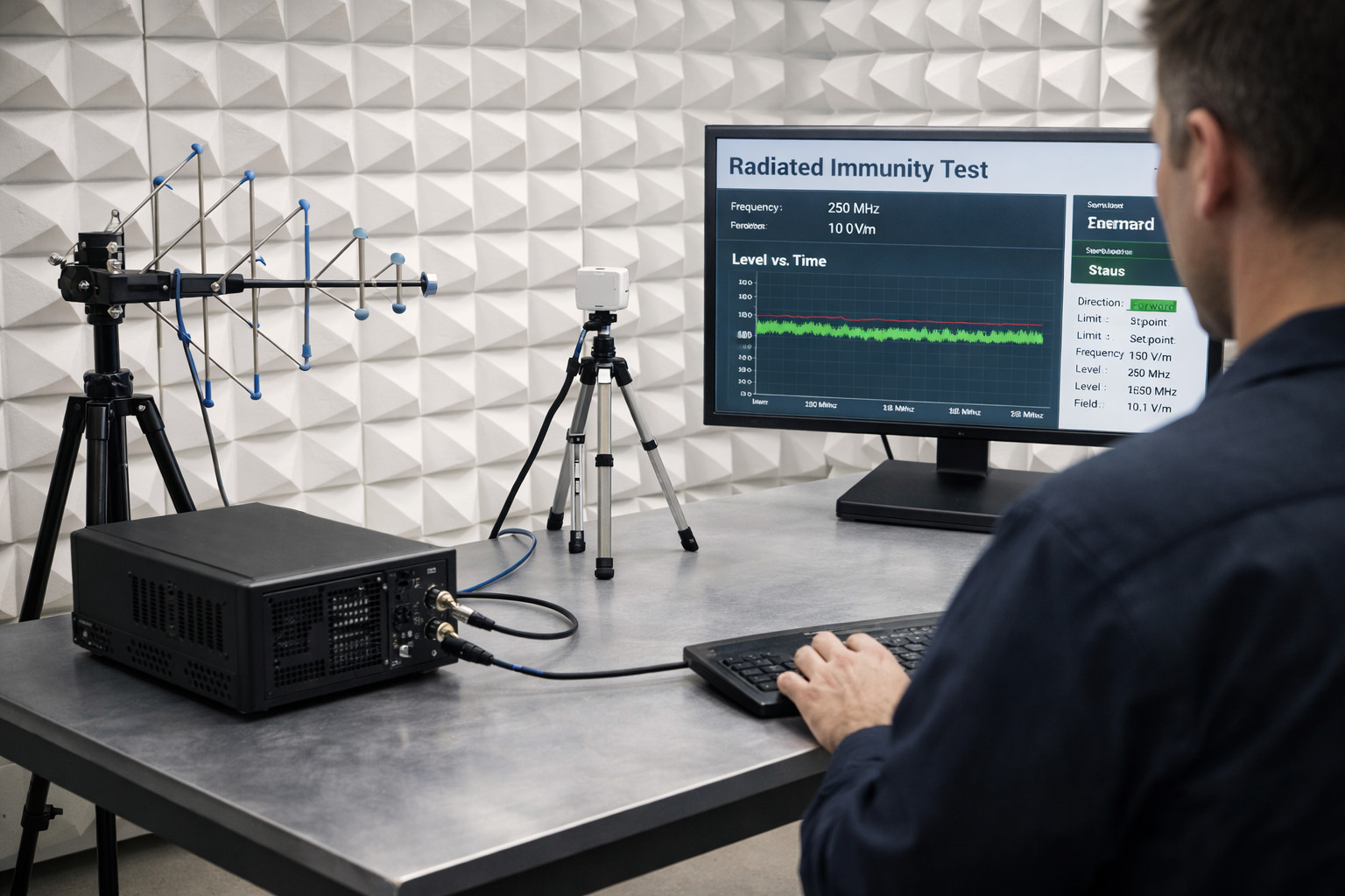 Gestrahltes EMV-Störfestigkeits-Prüfsystem mit kalibrierten Antennen, Verstärkern und Feldsonden.
