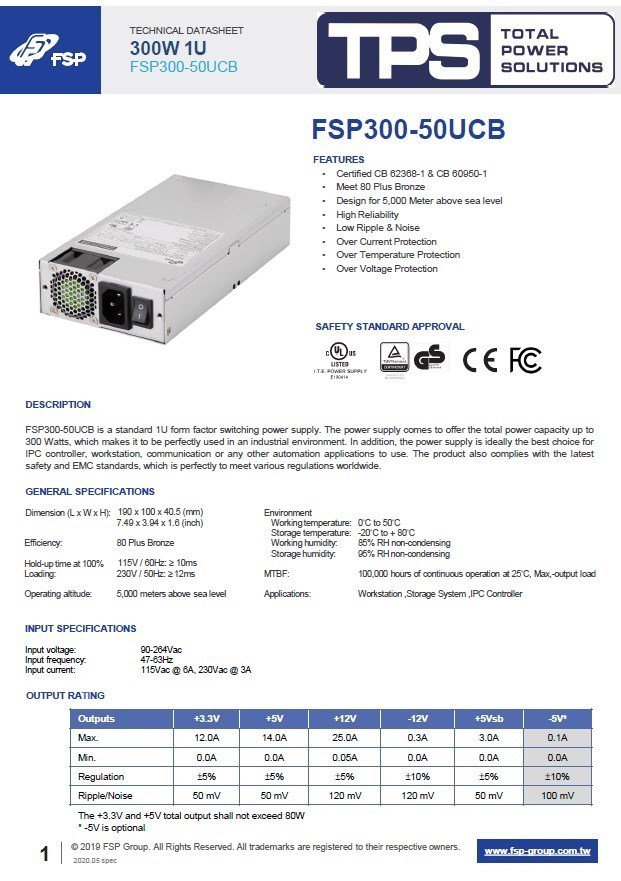 FSP300-50UCB Datenblatt-Übersicht mit den Merkmalen 300-W-1HE-Schaltnetzteil, 80-PLUS-Bronze-Wirkungsgrad, Eingangsspannungsbereich 90–264 VAC, Schutzfunktionen (OCP/OTP/OVP) und Zertifizierungshinweisen.