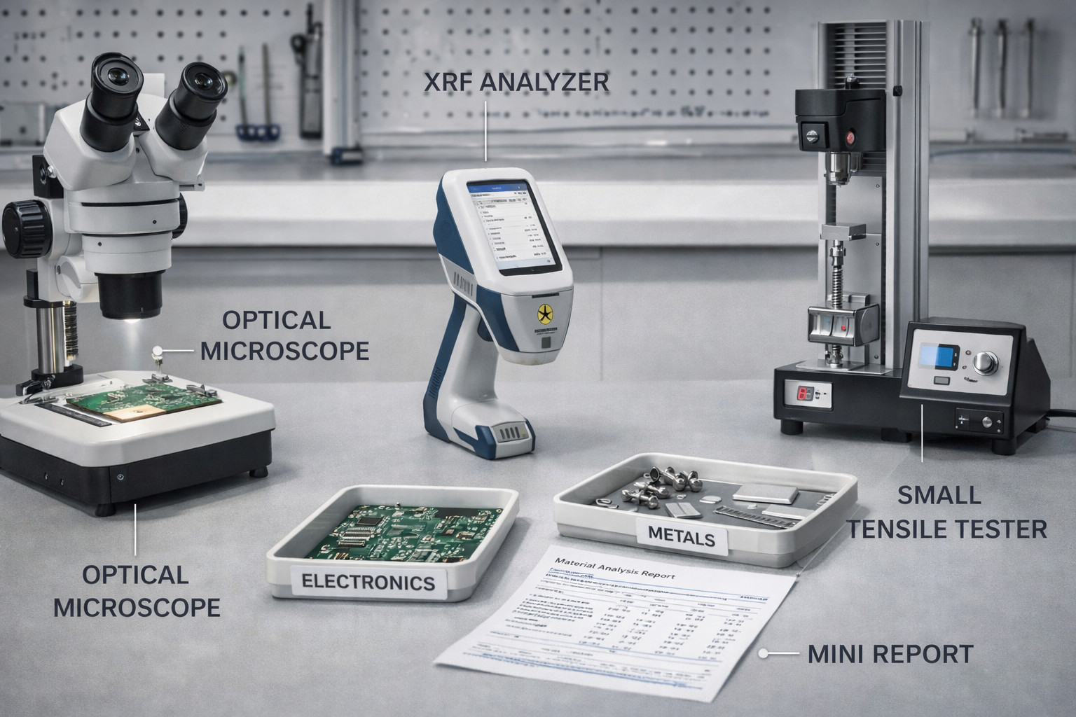 Elements-Laborarbeitsplatz mit Mikroskopie, Spektroskopie und mechanischen Prüfungen zur Validierung von Materialien und Baugruppen.