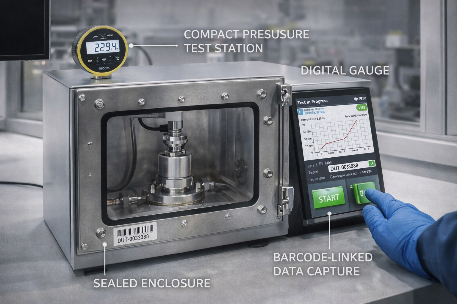 Druckprüfstation mit rückverfolgbaren Ergebnissen für Dichtungen und Gehäuse.