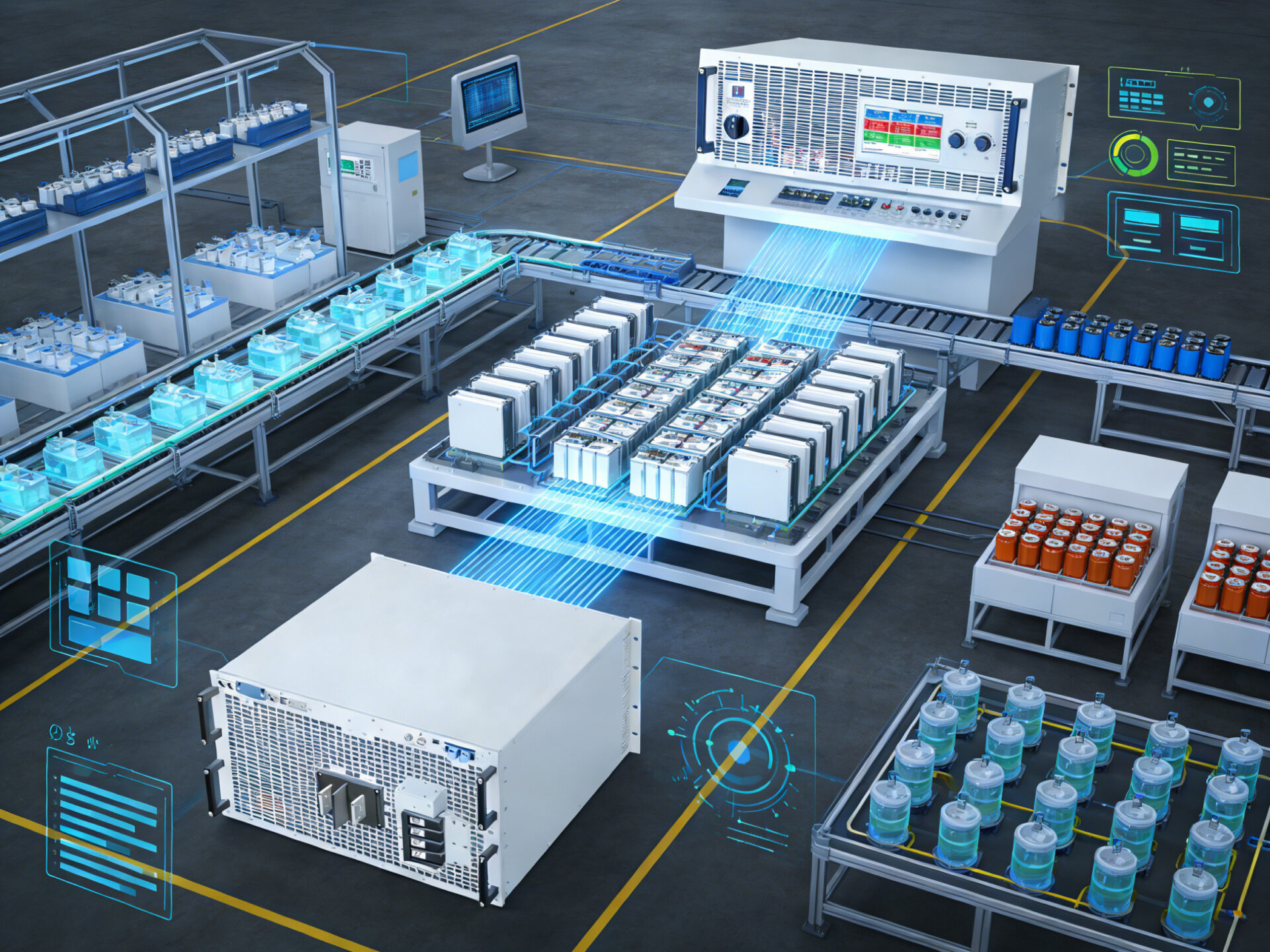 Eine futuristische Visualisierung eines Smart-Factory-Leistungszentrums mit zentralisierten Racks von 6U-Einheiten.