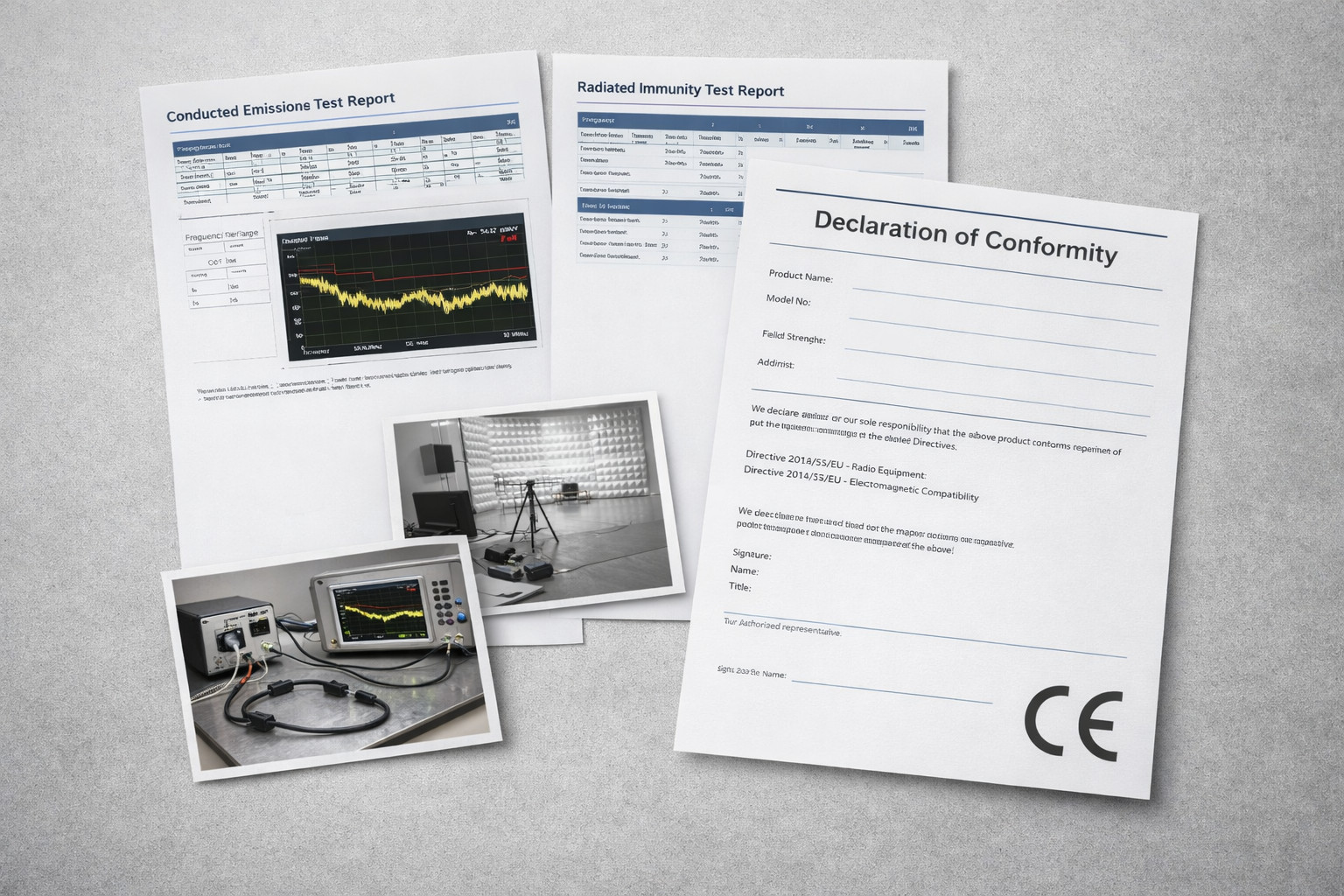 EMV-Zertifizierungsunterlagen: Prüfberichte, Aufbaufotos und CE-Dokumentation für den Marktzugang.
