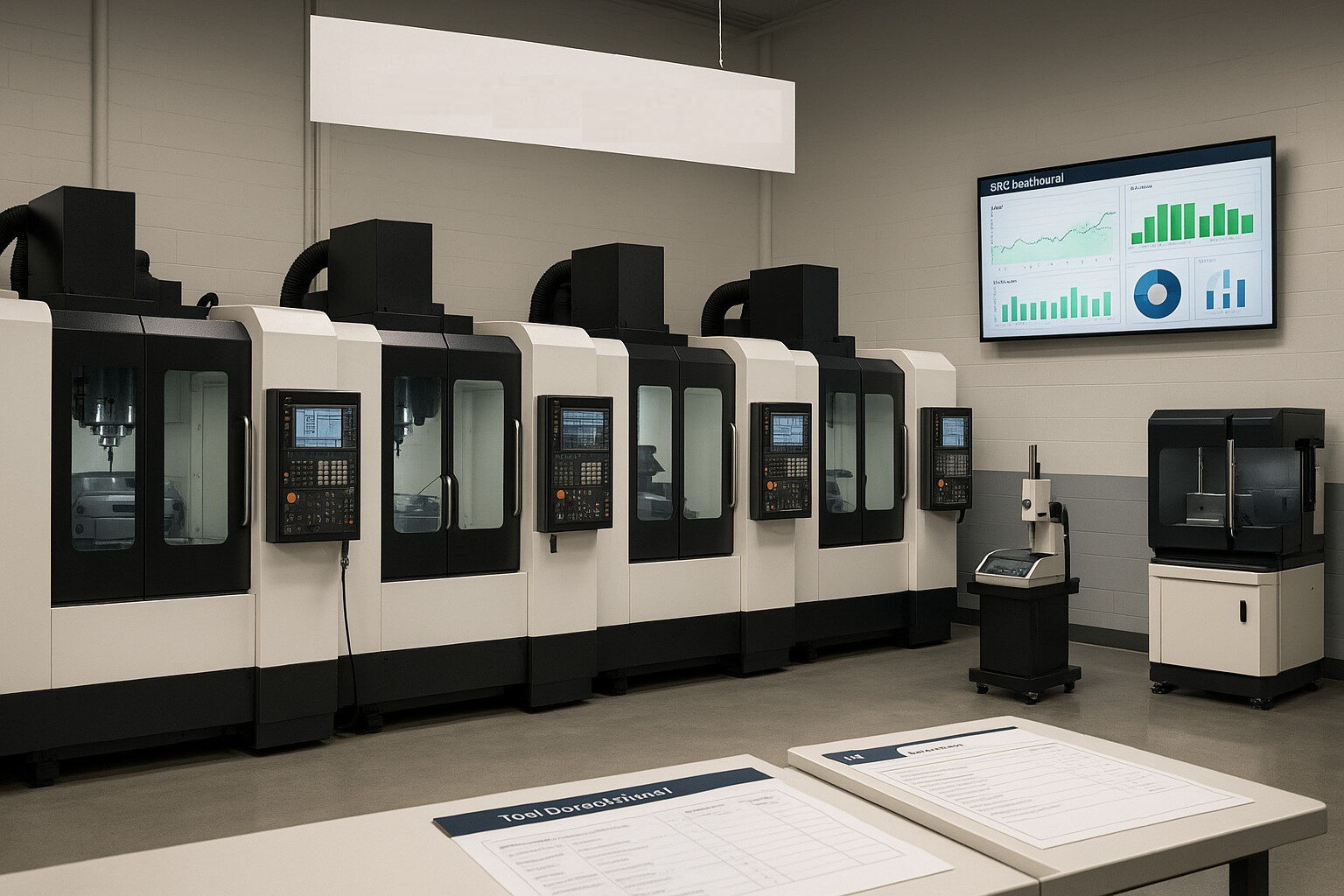 Temperature-controlled CNC bay with standardized machines, tool presetting, and SPC monitoring.
