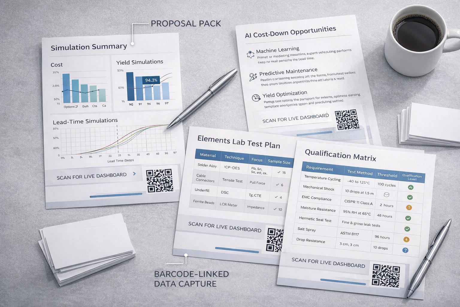Vertriebspaket mit Simulationen, Elements-Laborplänen, KI-Kostensenkungsoptionen und Qualifikationsmatrizen.