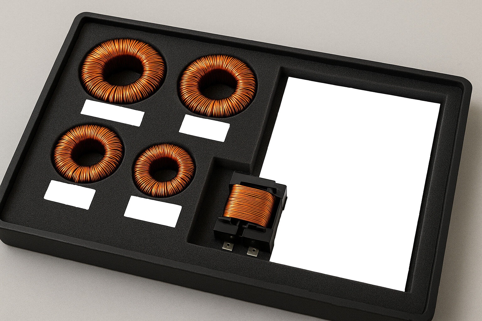 Bobines toroïdales et selfs dv dt avec étiquettes sérialisées et documentation d'essai.