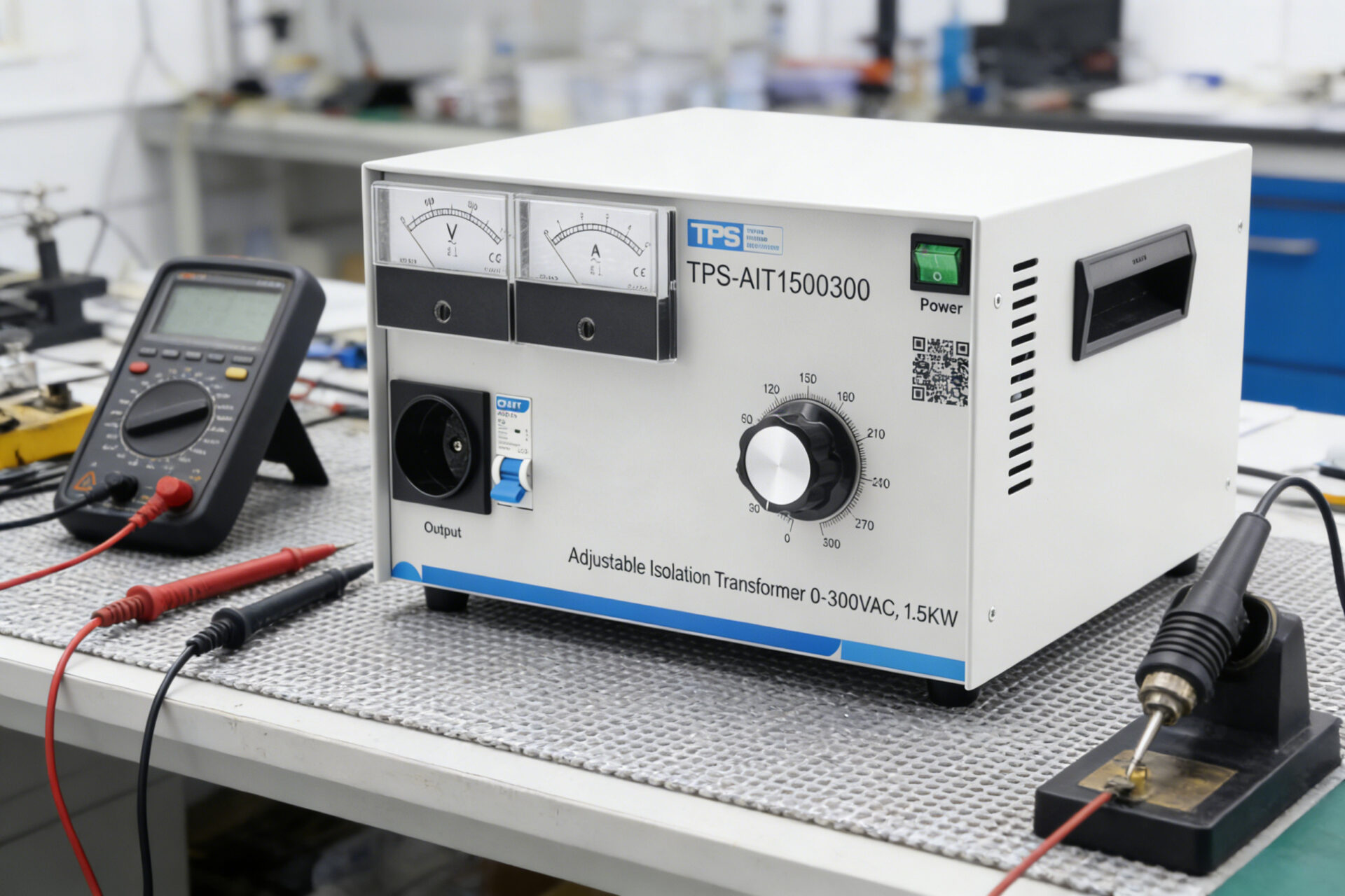 Der TPS-AIT1500300 steht auf einer Werkbank, die mit einer grauen antistatischen Matte bedeckt ist.