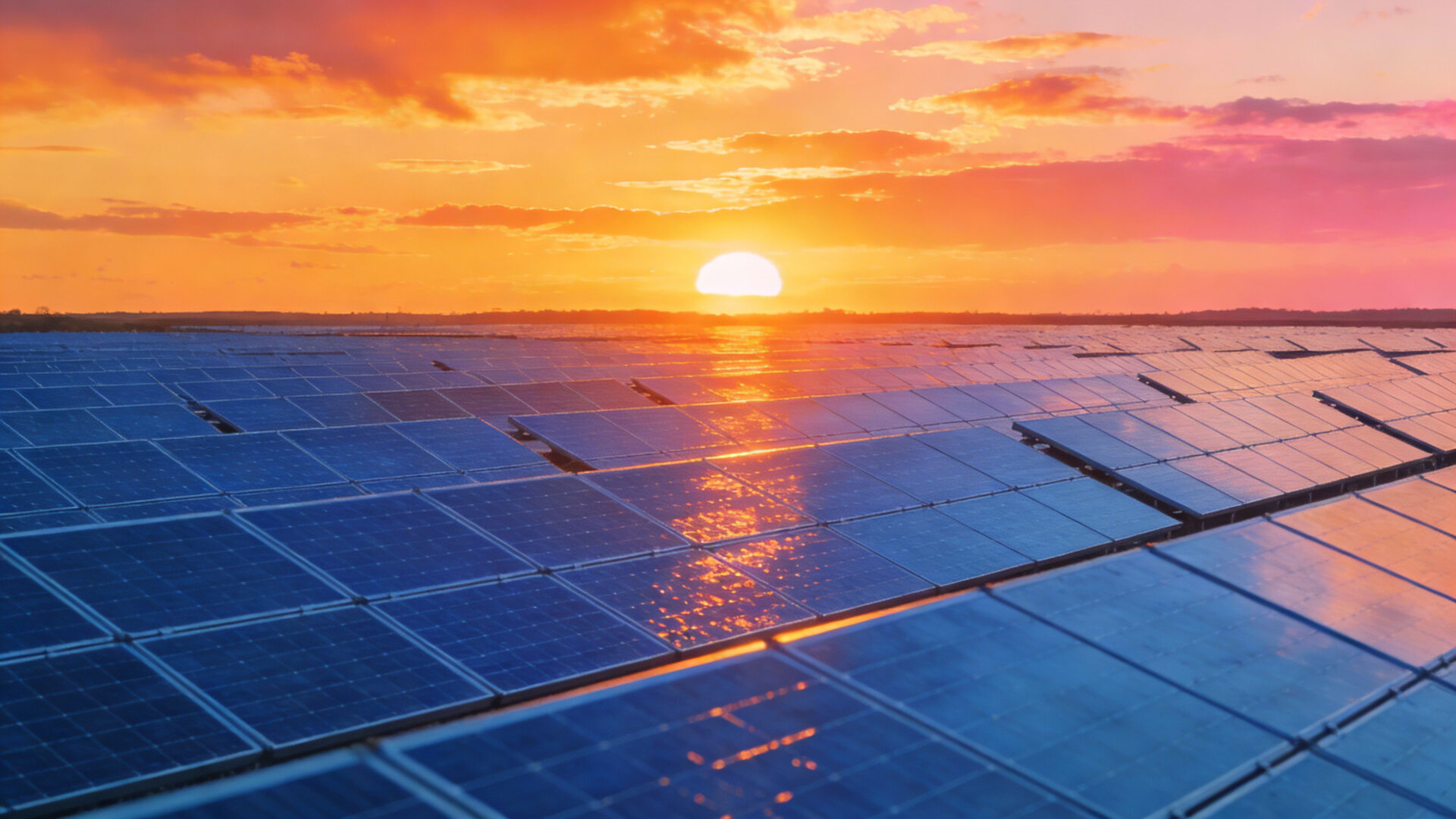 Serene and optimistic landscape photograph of a solar farm at golden hour sunset. The sun is low on the horizon, casting warm orange and pink light across the sky and glinting off the sea of blue solar panels.