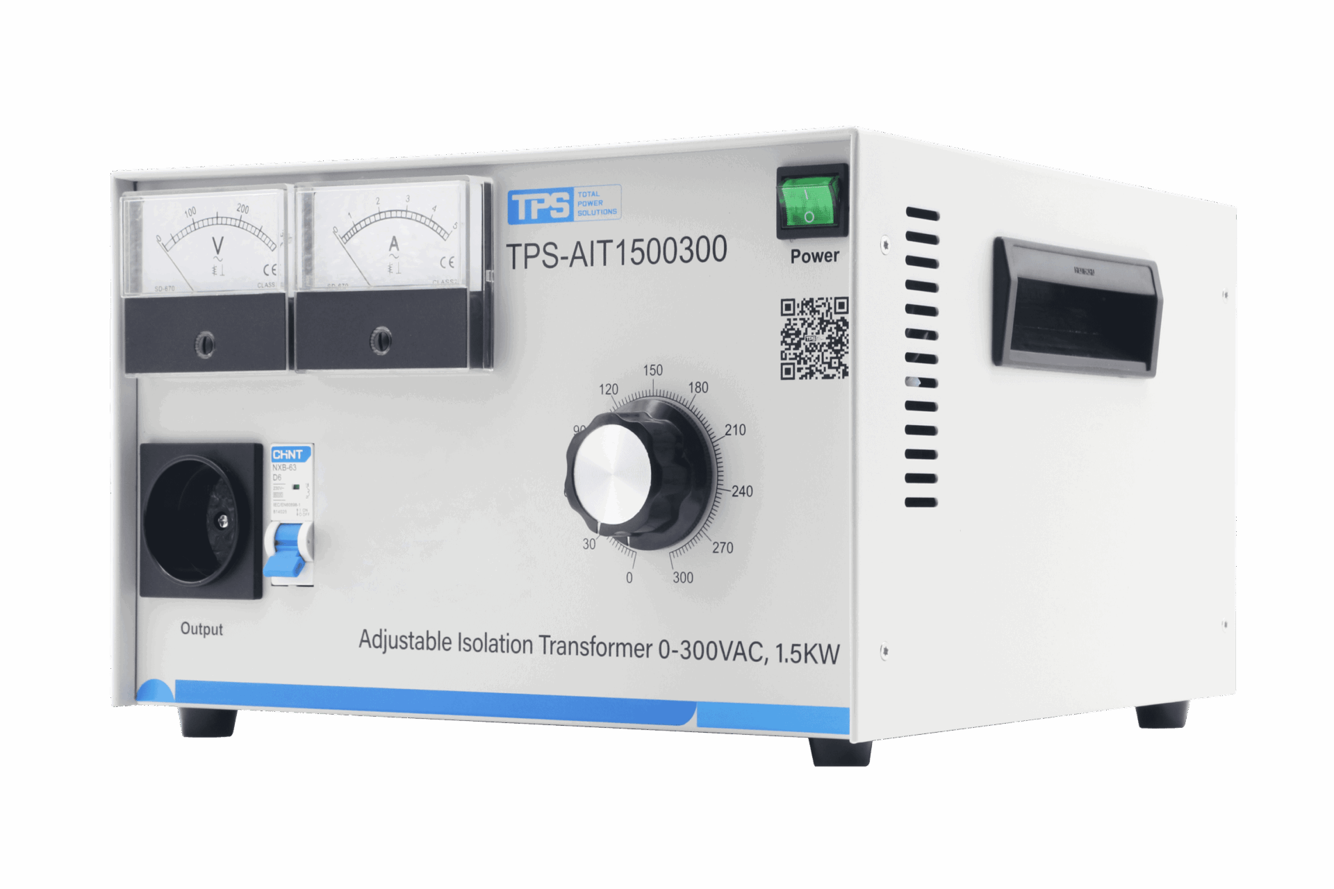 Klarer Frontblick auf den einstellbaren Isolationstransformator TPS-AIT1500300.