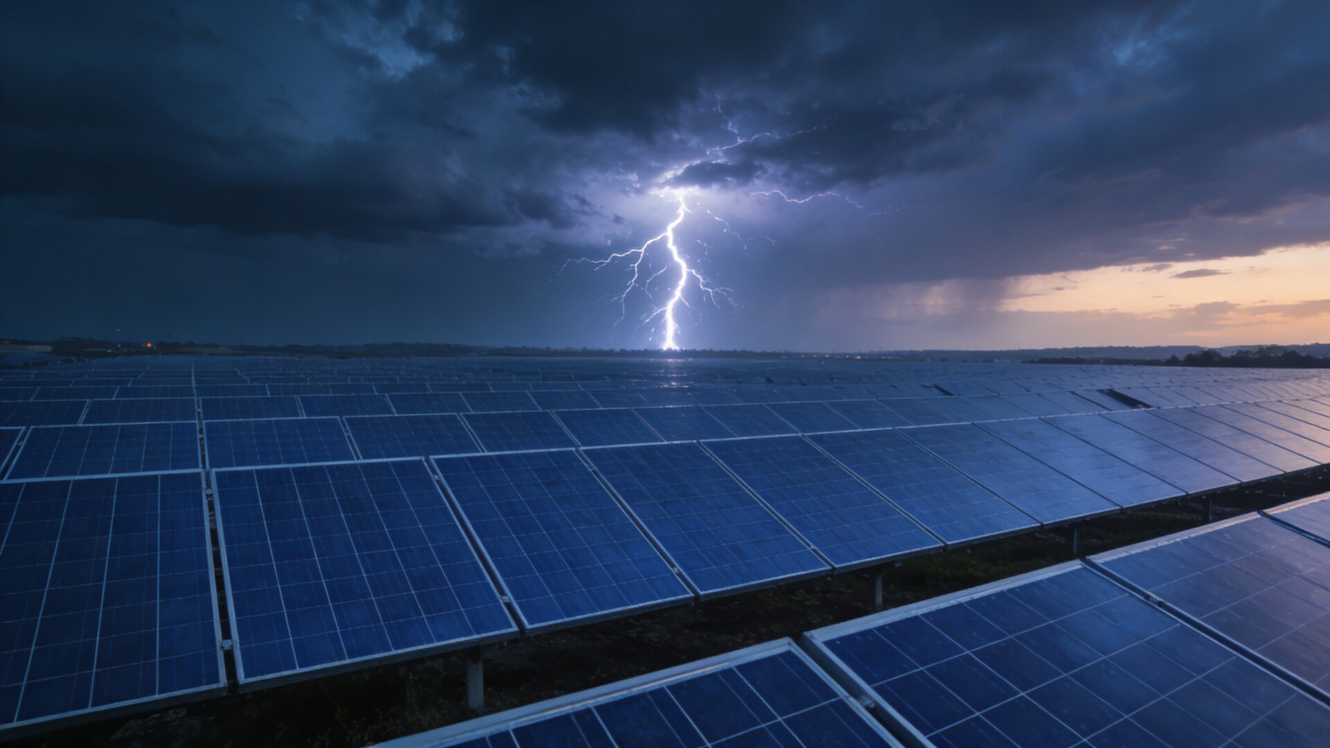 Photorealistic wide-angle landscape photo of a large-scale industrial solar panel farm at dusk. The sky is dramatic and stormy with dark, brooding clouds. A powerful, branching lightning bolt strikes the ground in the distant background, illuminating the scene.