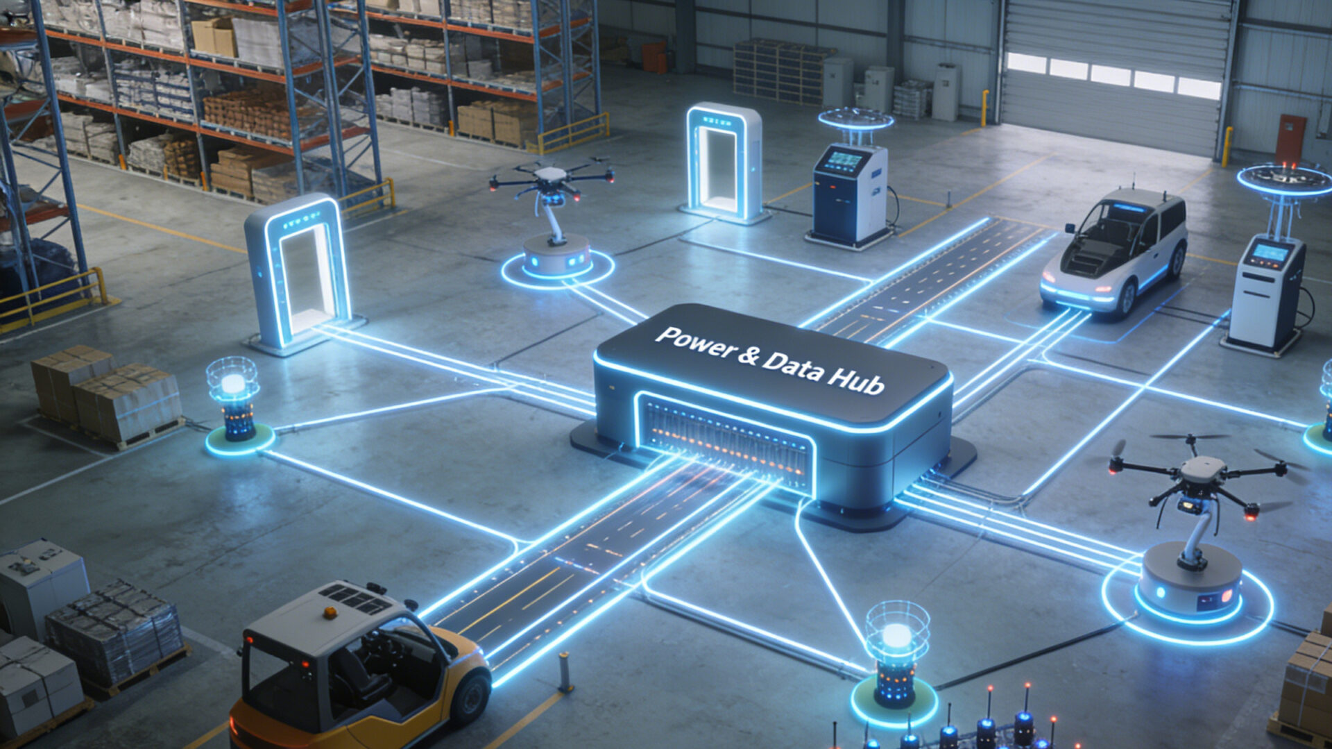 Eine konzeptionelle Illustration des Strom- und Datennetzes eines zukünftigen Smart Warehouse.