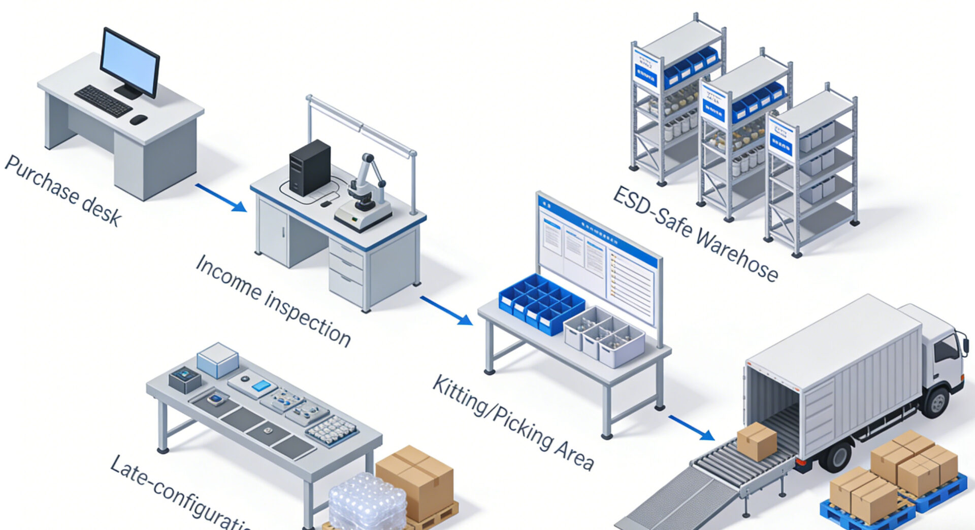 System integrator workflow from purchasing to warehousing, kitting, late configuration and shipment for electronics projects.
Übersicht Prozess: Einkauf, Wareneingang, ESD-Lager, Kommissionierung, Late Configuration, Verpackung und Versand.