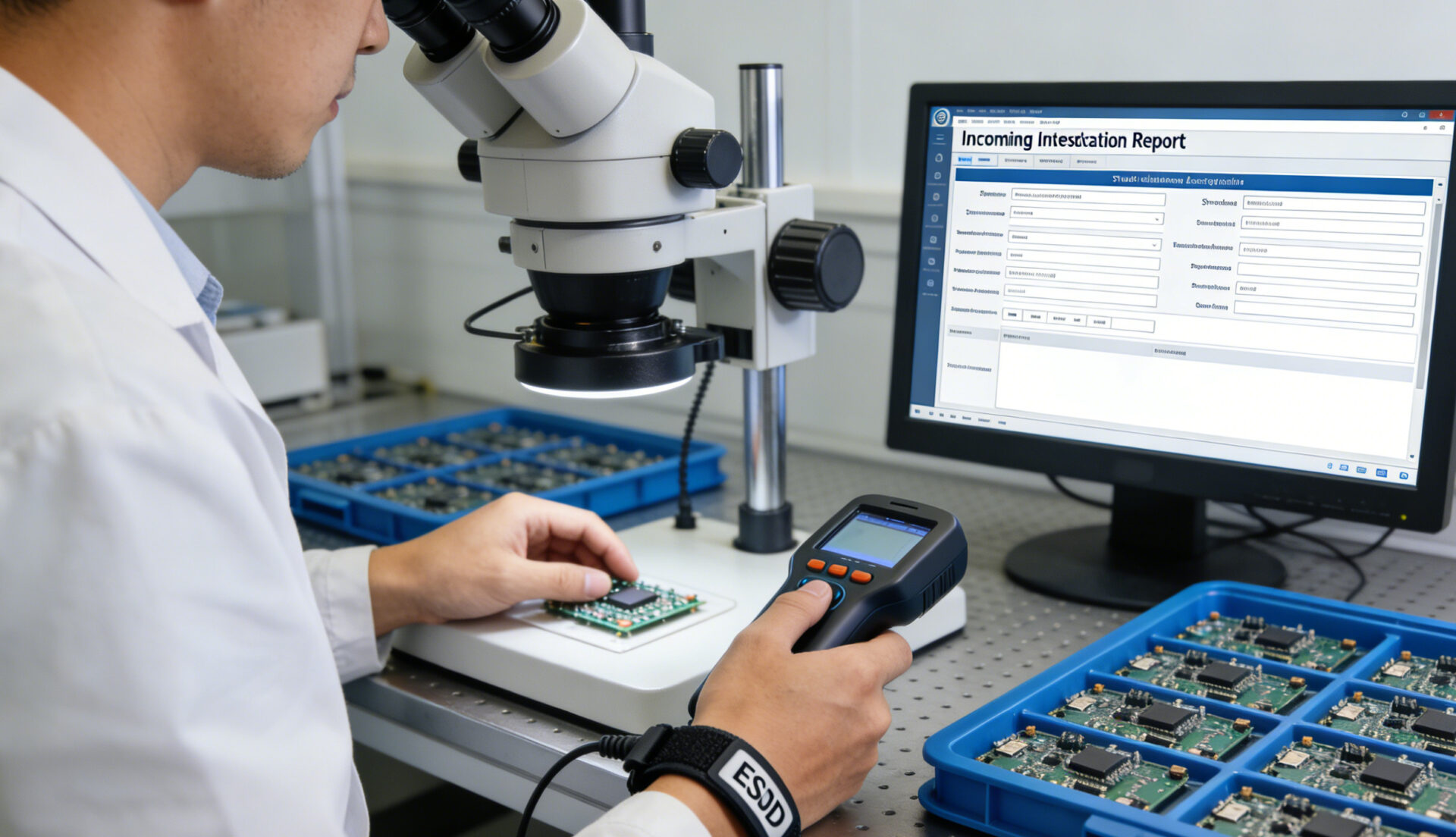Incoming goods inspection station producing a digital inspection report for electronic components and assemblies.
Wareneingangsprüfung mit digitaler Dokumentation und Prüfbericht für Elektronikbauteile.