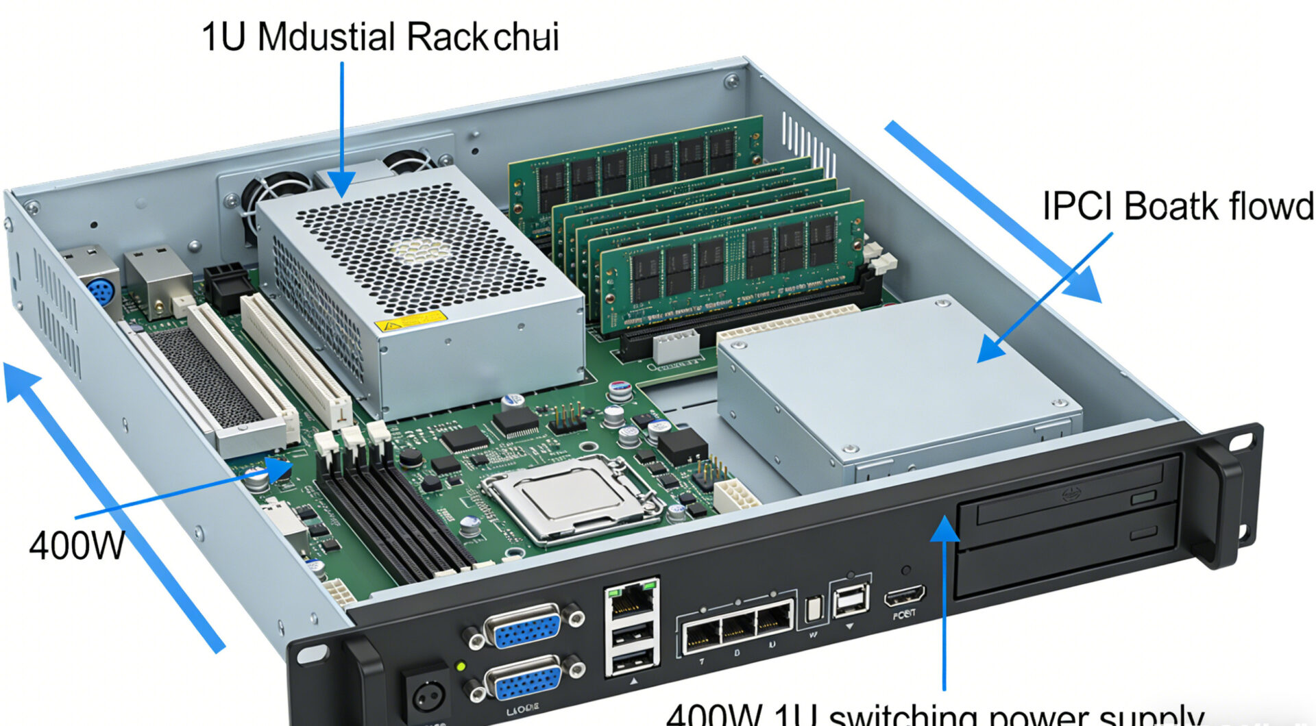 Illustration: 1U industrial rack system with a 400W switching power supply powering IPC and I/O cards, clean airflow arrows.
Illustration: 1U Industrie-Rack mit 400W 1U Netzteil, Airflow-Pfeile, IPC-Mainboard und I/O-Karten.
