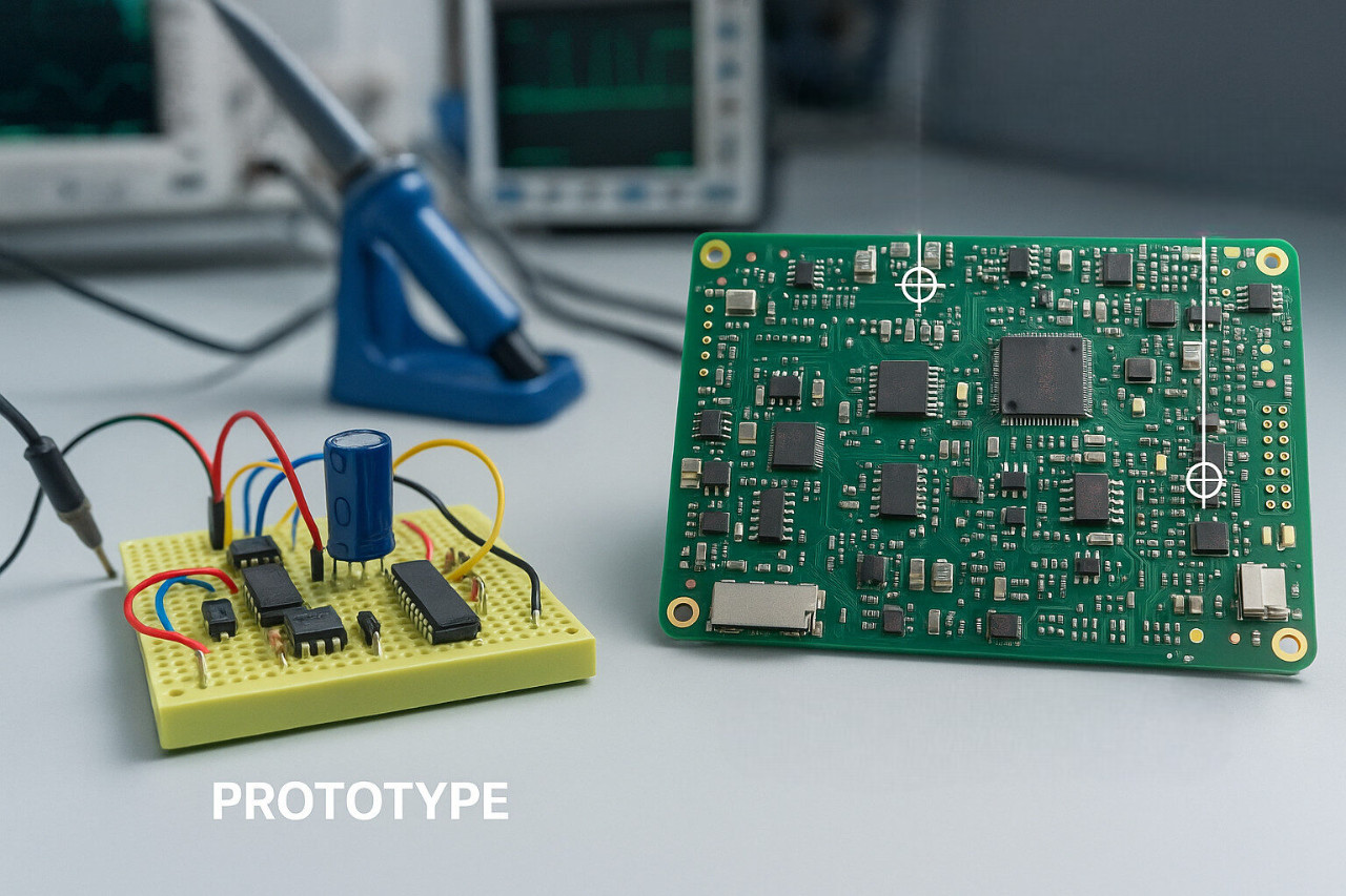 Übergang vom Protoboard zur Erstmuster-Leiterplatte mit DFM- und DFT-Verbesserungen.
