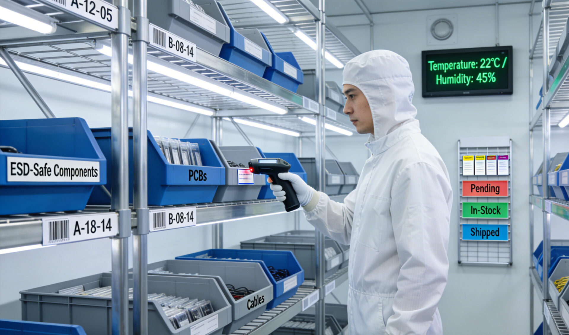 ESD-safe warehouse with labeled bins, barcode locations, and kanban signals for electronics raw materials and finished goods.
ESD-sicheres Elektroniklager mit Barcode-Lagerplätzen, Kanban-Signalen und überwachten Umweltbedingungen.