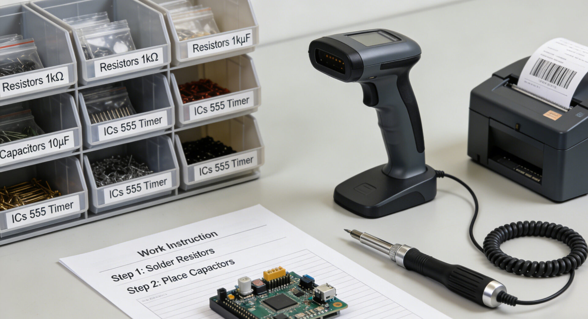 Late configuration bench assembling variants for electronics systems with labeled accessory kits and work instructions.
Late-Configuration-Arbeitsplatz mit Varianten-Kits, Arbeitsanweisung, Scanner und Etikettendrucker.