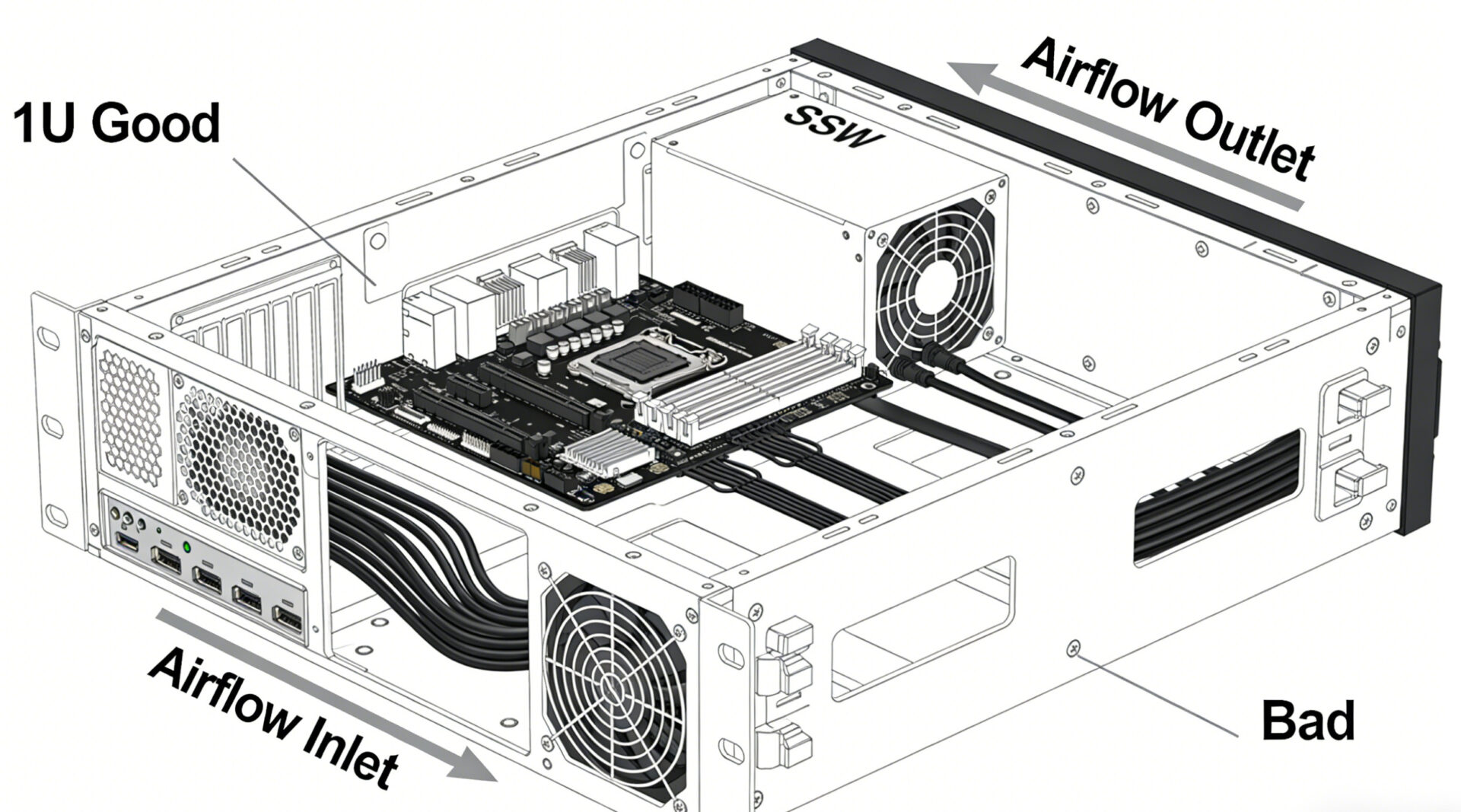 Diagram: 1U chassis airflow cross-section with PSU intake and exhaust, showing best practices for cable routing and keeping vents clear.
Technisches Diagramm: 1U Gehäuse mit PSU-Airflow, gute vs. schlechte Kabelführung (Luftstrom frei vs. blockiert).