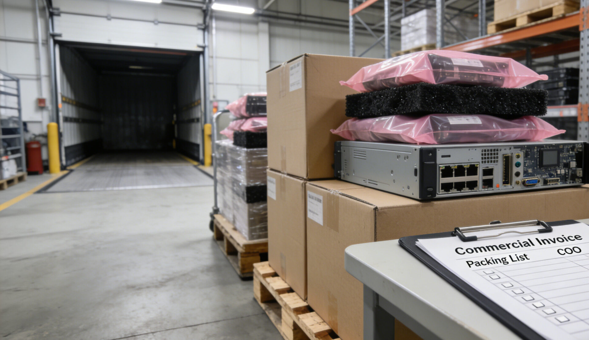 Packed electronics systems on pallets with ESD protection, shipping labels, and customs document checklist for international delivery.
Verpackte Elektroniksysteme mit ESD-Schutz, Palettierung, Versandlabel und Dokumenten-Checkliste für internationale Lieferung.