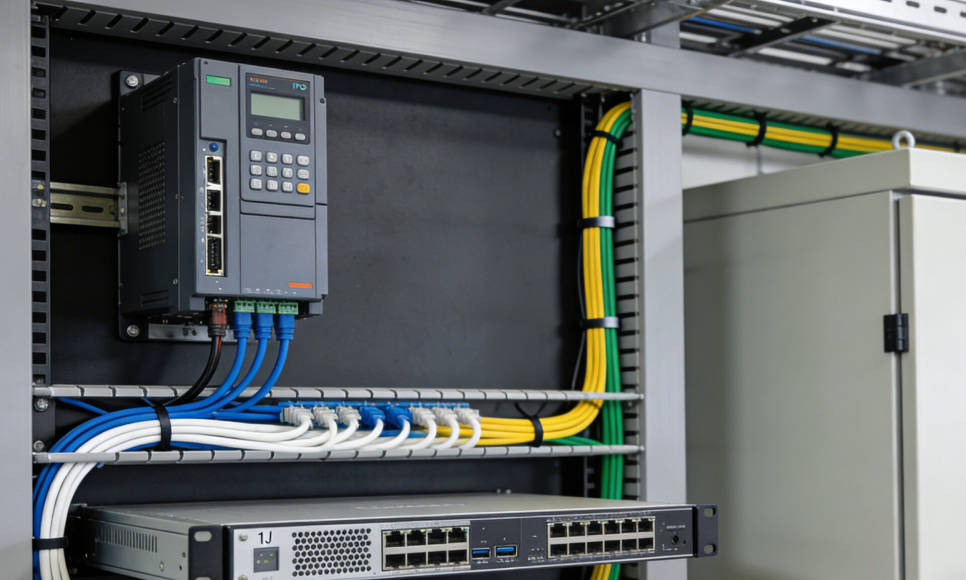 Realistic scene: industrial IPC controller in a factory cabinet connected to sensors and network equipment, powered by a 1U PSU in a rack shelf.
Realistische Szene: Industrie-IPC im Schaltschrank/Factory-Umfeld, 1U PSU im Rack-Shelf, saubere Verdrahtung zu Sensorik und Netzwerk.