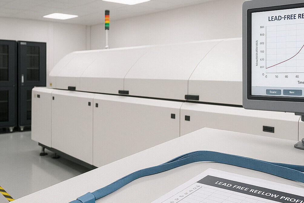 Industrieller Leiterplattenfertigungsprozess mit ESD-Kontrolle, MSD-Handling und bleifreien Reflow-Profilen.