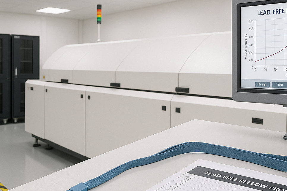 Industrieller Leiterplattenfertigungsprozess mit ESD-Kontrolle, MSD-Handling und bleifreien Reflow-Profilen.