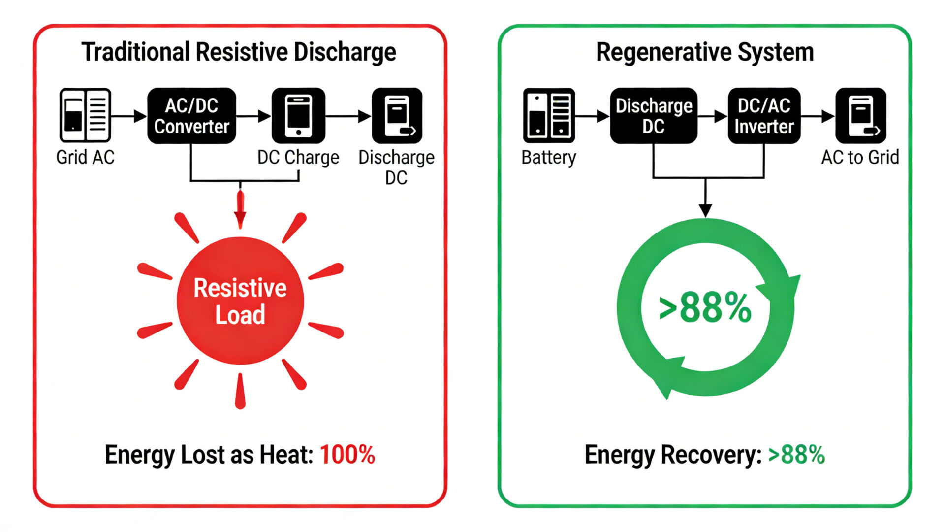Vergleichsdiagramm, das den Energiefluss veranschaulicht: traditionelles Batterietesten mit resistiver Entladung (hoher Energieverlust als Wärme) gegenüber modernem regenerativem Testen unter Verwendung eines bidirektionalen Leistungswandlers (hohe Energierückgewinnung ins Netz).