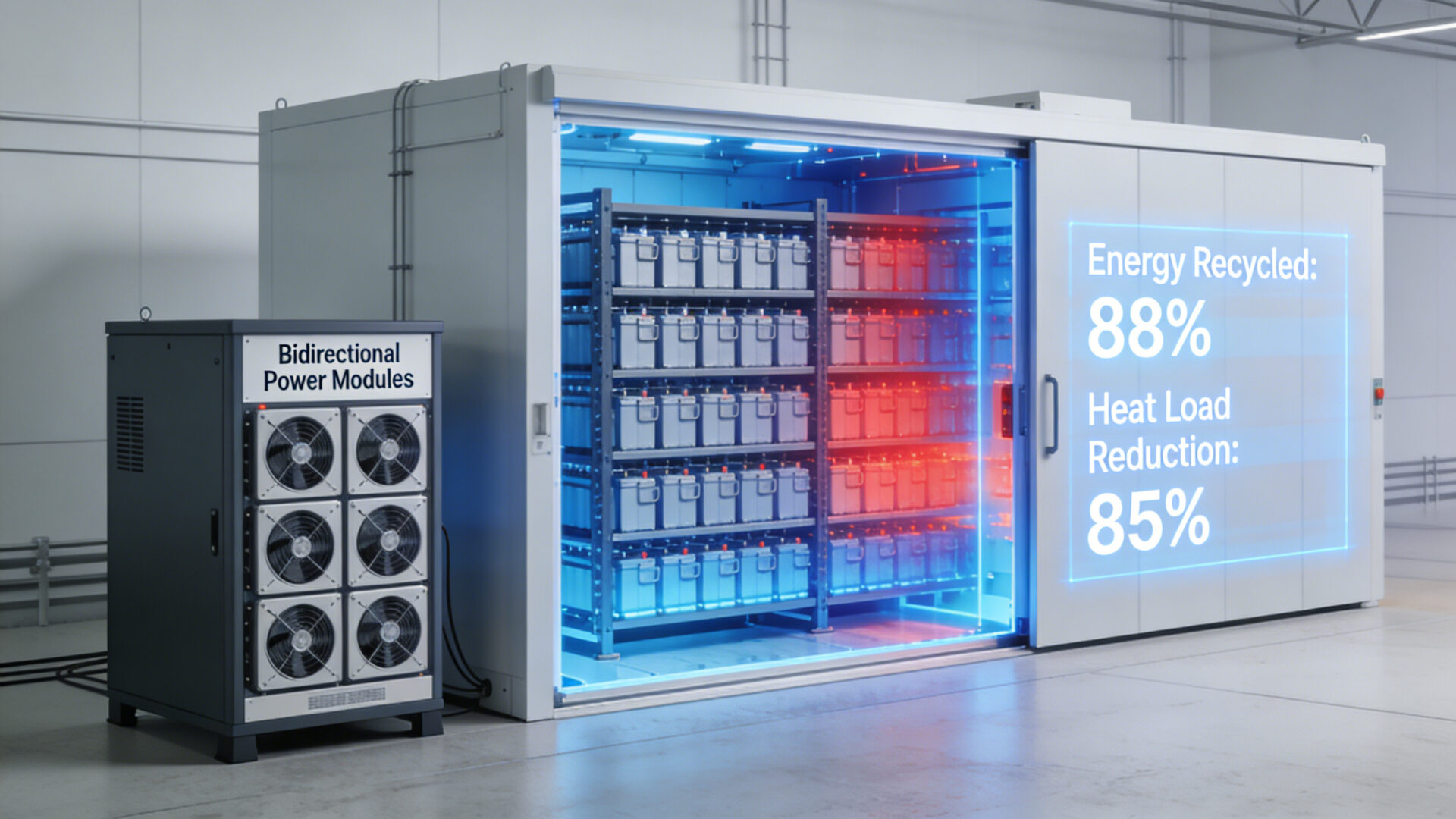 Schnittansicht einer hochdichten, energie-recycelbaren Batteriealterungstestkammer. Das Design nutzt bidirektionale Leistungsmodule, um die thermische Last zu minimieren, was eine erhöhte Zellkapazität und stabile Temperaturverteilung ermöglicht.