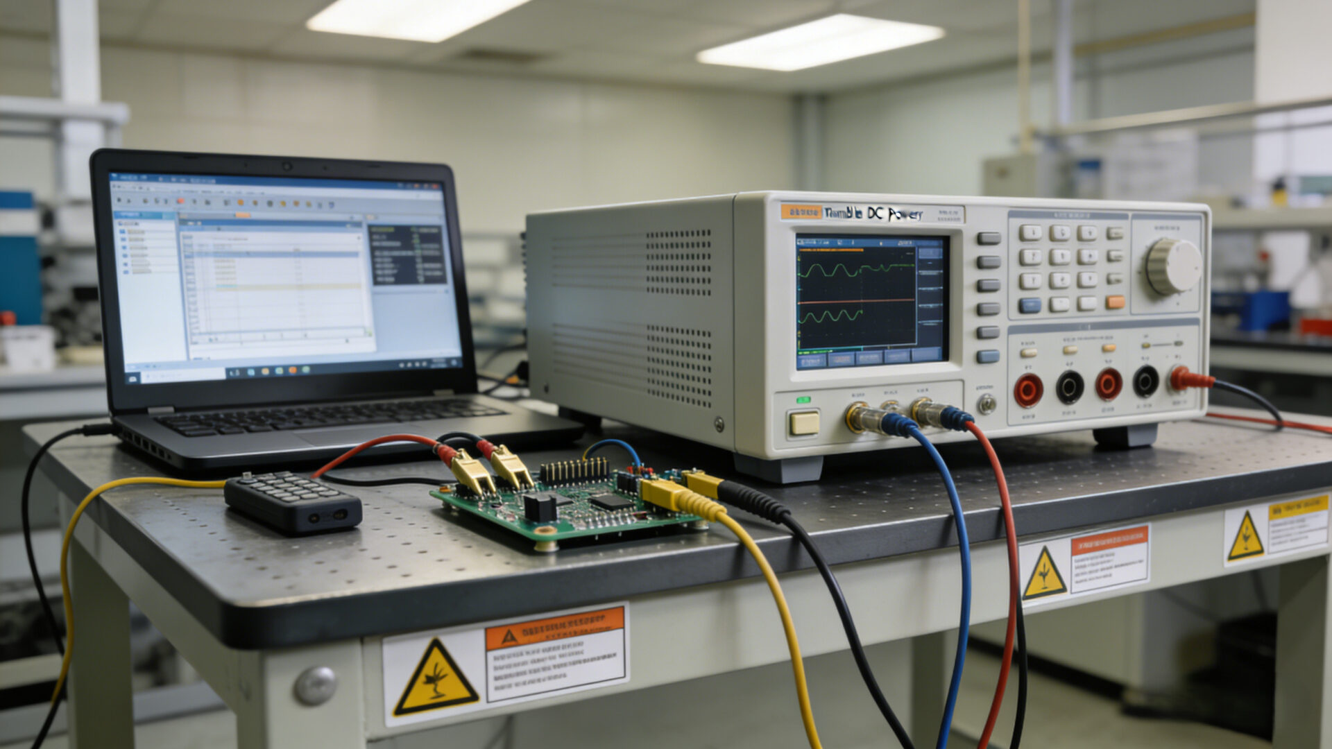 Desktop programmable DC power supply on an electronics test bench with DUT, remote sense leads, and automated test laptop.
Programmierbares DC-Tischnetzgerät auf einem Elektronik-Arbeitsplatz mit Prüfling, Sense-Leitungen und Laptop für automatisierte Tests.