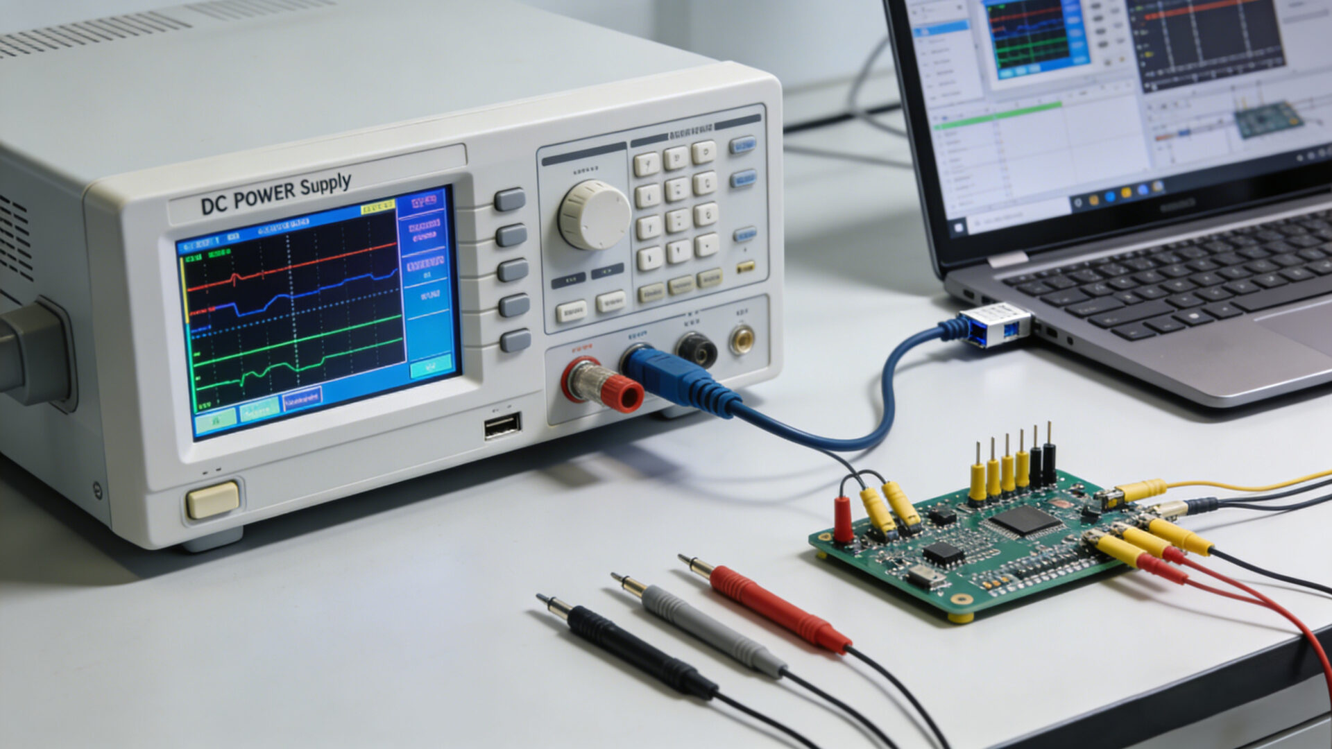 Desktop programmable DC power supply with touch display on an industrial test bench, Ethernet-connected to a laptop, DUT wiring and sense leads visible.
Programmierbares DC-Tischnetzgerät mit Farb-Touch-Display im Prüflabor, per Ethernet an einen Laptop angebunden, DUT und Sense-Leitungen sichtbar.