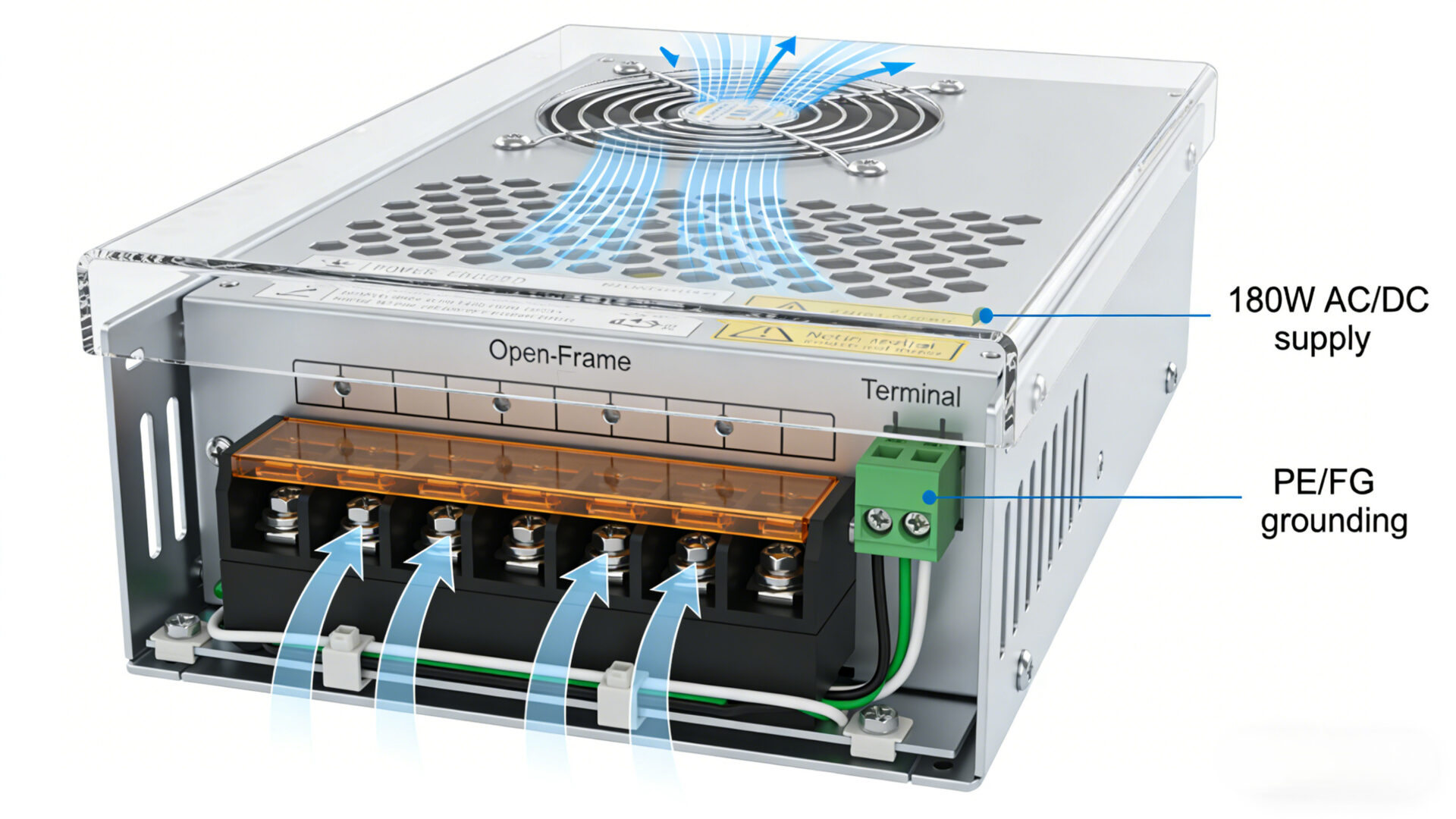 Open-frame 180W power supply installed inside an industrial enclosure with airflow arrows, protective cover, and cable routing best practices.
Open-Frame 180W Netzteil in einem Industriegehäuse montiert, mit Luftstrompfeilen, Schutzabdeckung und sauberer Kabelführung.