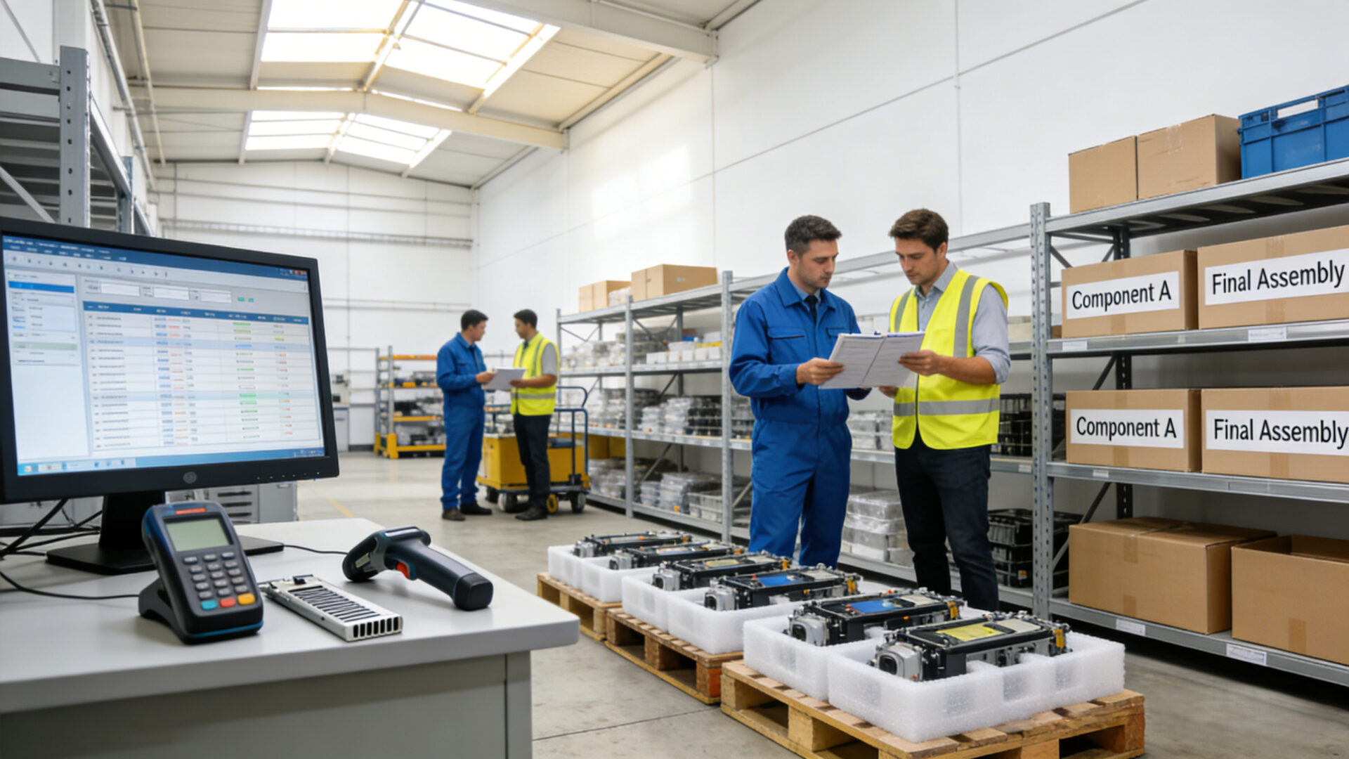 Anonymous electronics customer workflow showing incoming goods inspection, warehouse buffering, staged finished goods, and shipment preparation managed by TPS.
Anonymisierter Elektronik-Kundenfall mit Wareneingangsprüfung, Lagerpuffer, Fertigwarenstaging und Versandvorbereitung durch TPS.