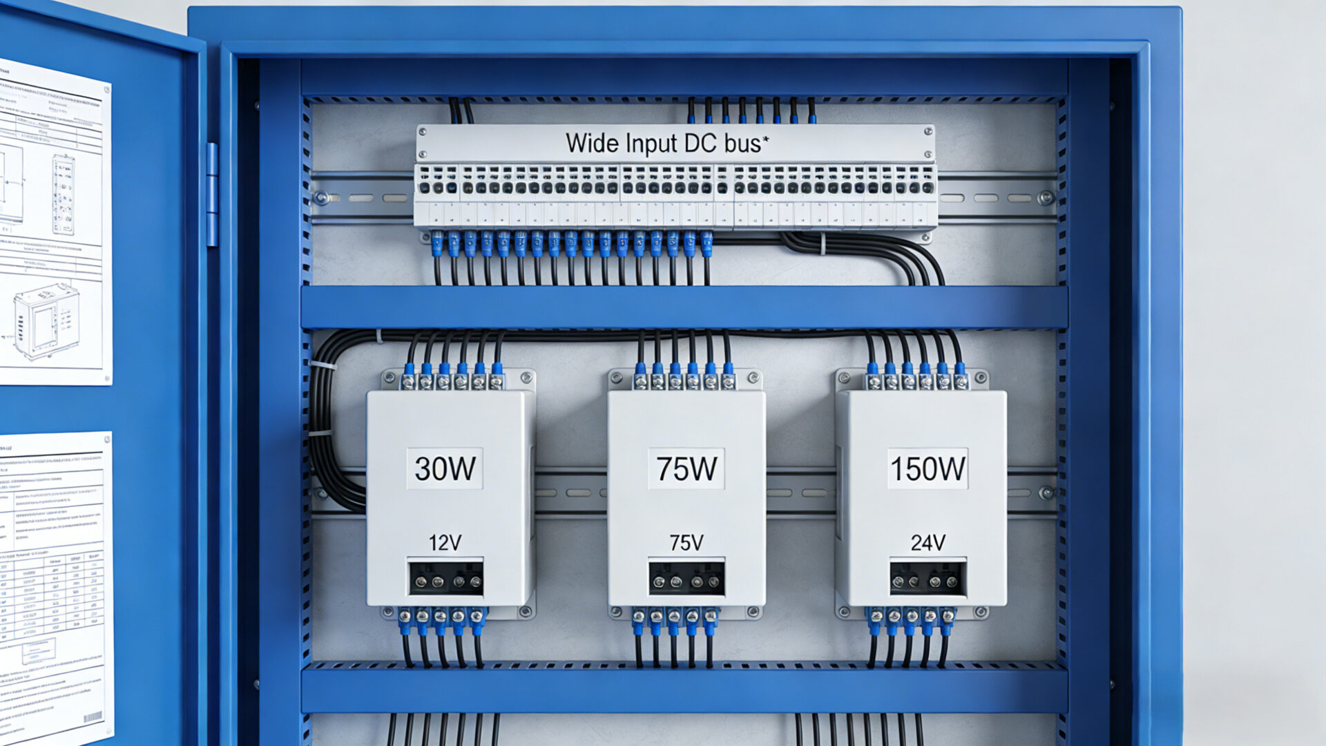 Industrial power architecture showing TPS030-150W style isolated DC/DC brick modules in a control cabinet with wide DC input bus and 12V or 24V outputs