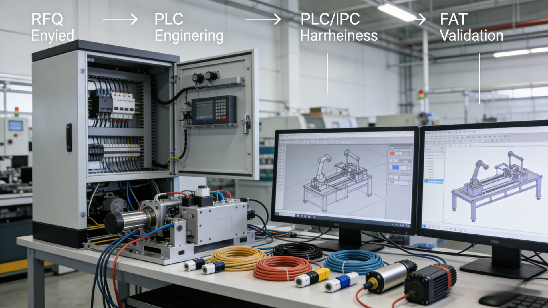 EMS mechatronics workflow from RFQ through PLC or IPC controls, mechanical integration, assembly, and FAT validation.
EMS-Mechatronik-Ablauf von der RFQ ueber PLC oder IPC, mechanische Integration, Montage bis zur FAT-Validierung.